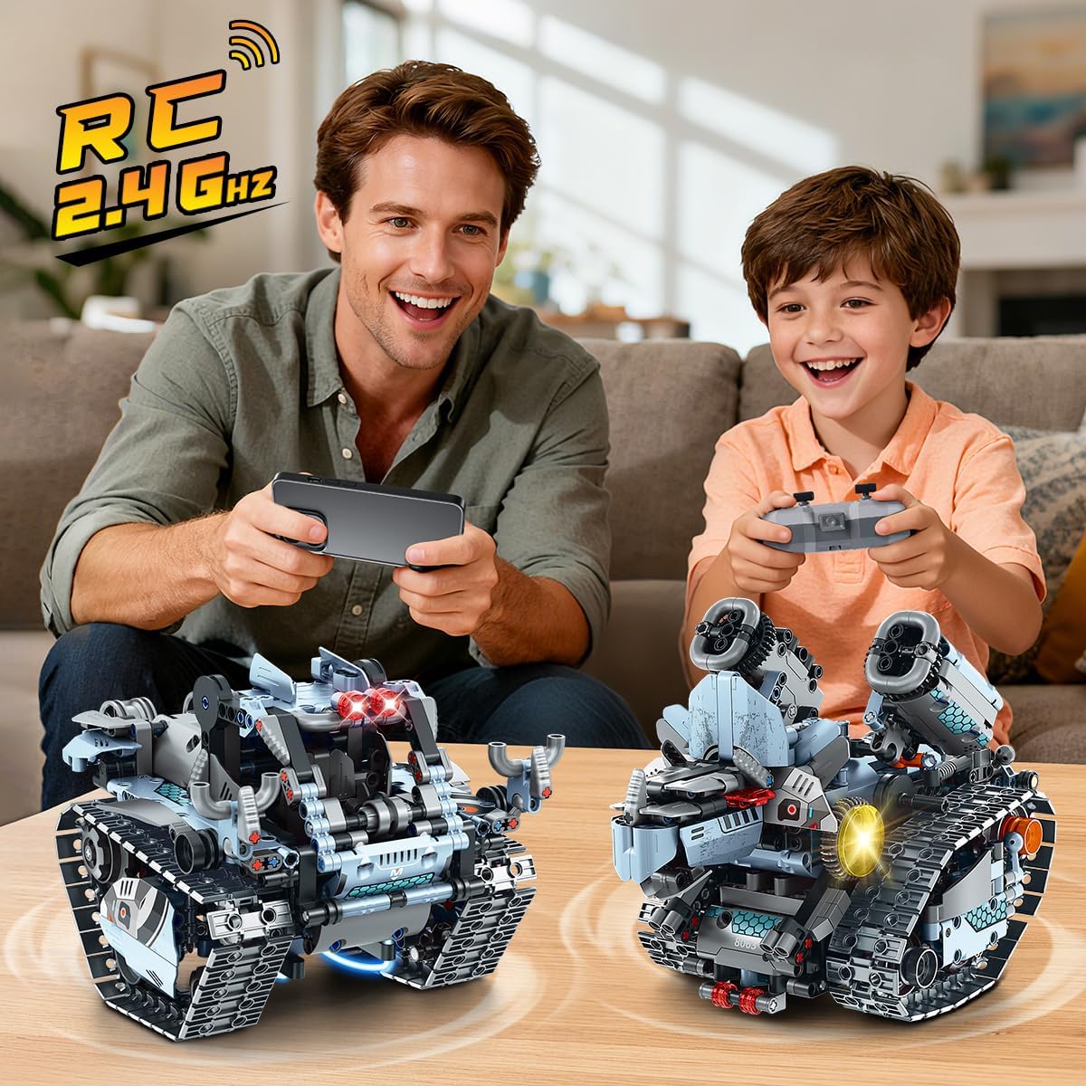 Father and son playing with the robot using remote control and smartphone app