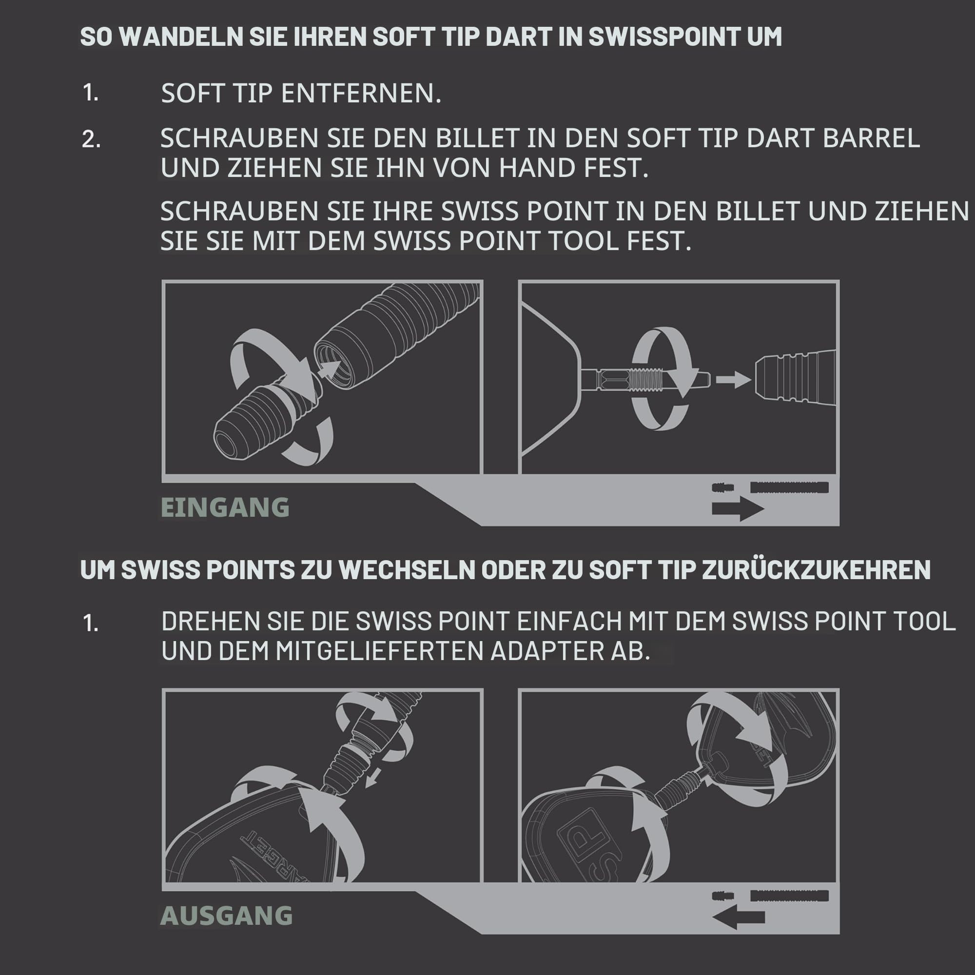 Target Darts Softdarts zu Swiss Point Steeldarts Conversion Set, Schwarz/Silber - Softdarts Conversion Tool, Umspitzen von Softdarts zu Steeldarts 2BA Gewinde - Tungsten Billet Spitzen, Swiss Point