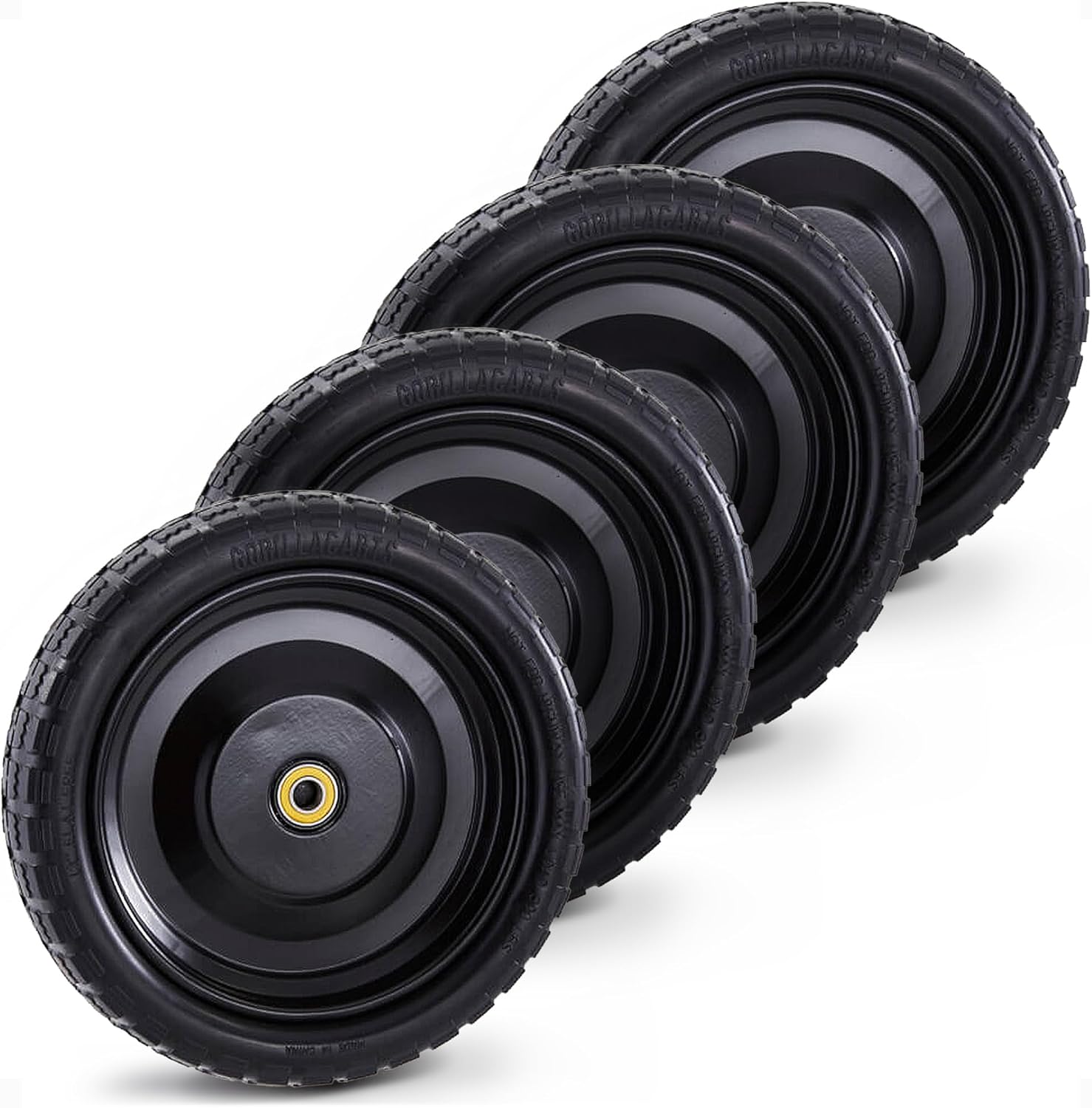 Gorilla Carts 4-Pack 13 Inch No-Flat Replacement Tires, 300 lb Capacity Each – Solid Polyurethane, 2.16” Hub, 5/8” Bore – Fits Lawn & Garden Utility Wagon, Hand Truck, Air Compressor, Pressure Washer