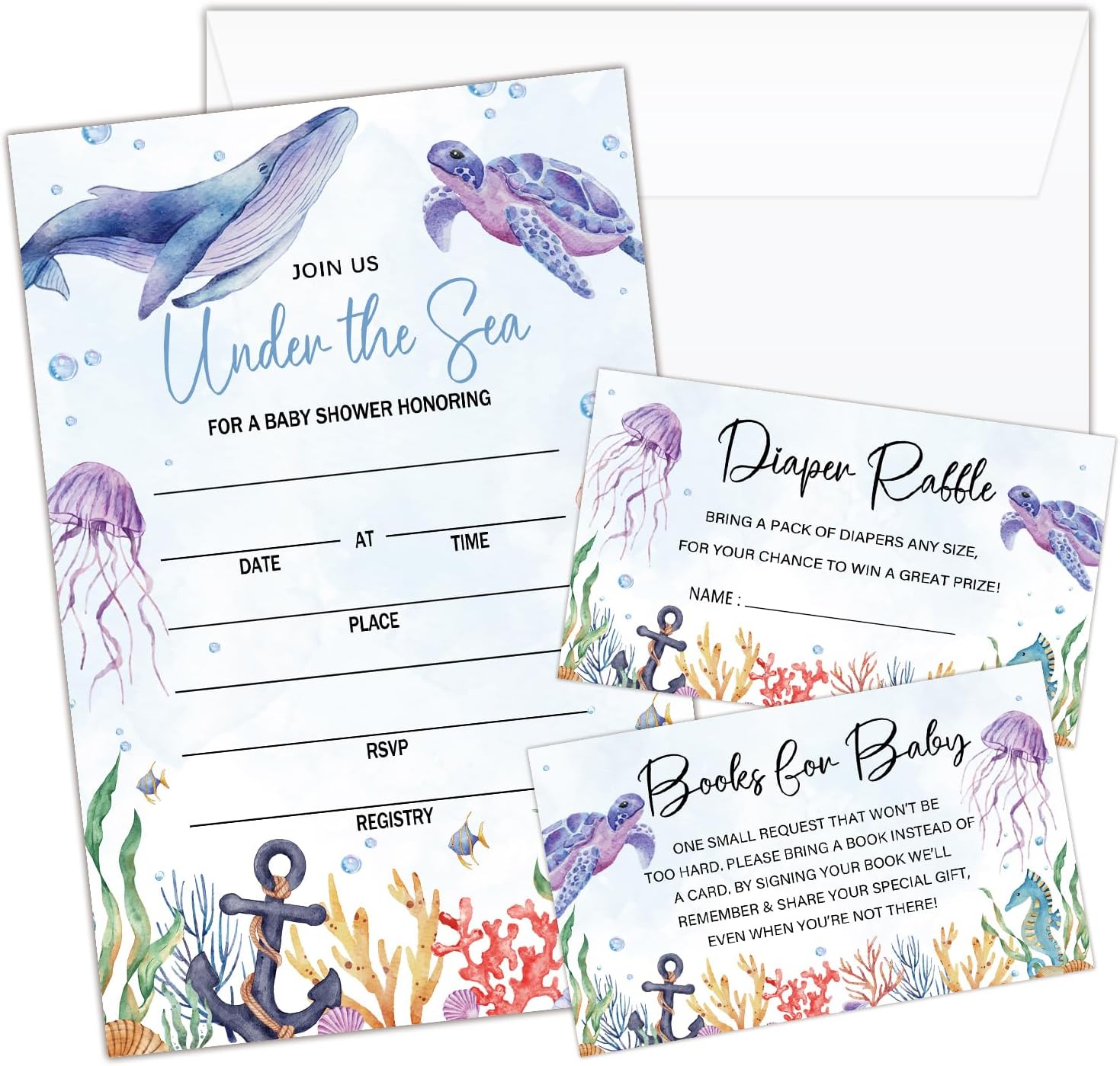 Butterfly Baby in Bloom 25 Baby Shower Invitations with Envelopes, Diaper Raffle Cards, Book Cards for Gender Reveal Party -02