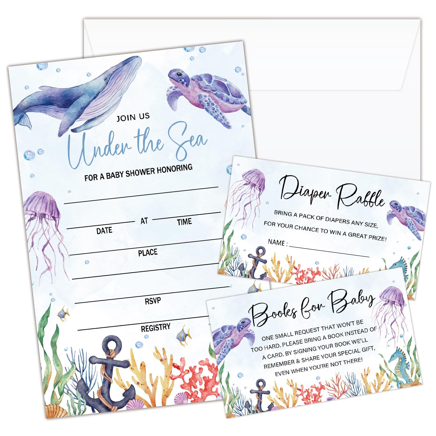 HQLOW 25 Under the Sea Baby Shower Invitations with Envelopes, Diaper Raffle Cards, Book Cards for Baby Gender Reveal Party -05