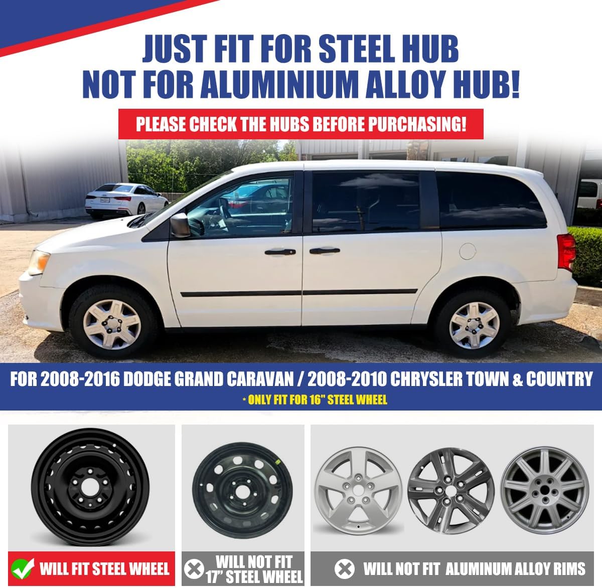 Winjet Wheel Covers Replacements 16'' Hubcaps for Dodge Grand Caravan 2008-2016 & 2008-2010 Chrysler Town&Country[Only Fit Iron Hub - Steel Wheel] (16 Inch Set of 4,Lacquer)