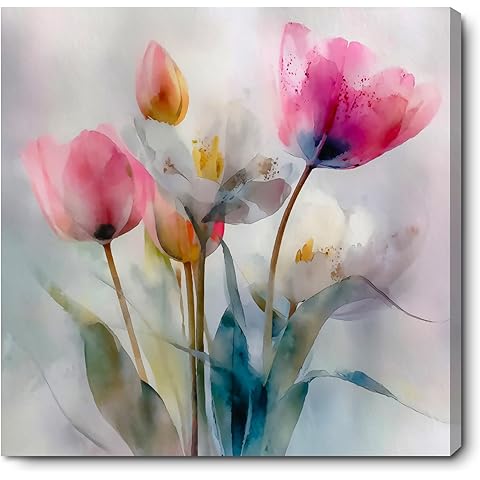 FOEIX Bathroom Wall Art Pictures Wall Decor Paintings Wall Decor Canvas Framed Abstract Floral Rustic Pink Flowers Artwork for Bedroom Living Room Kitchen Dinging Room Office 13.5x13.5 inches