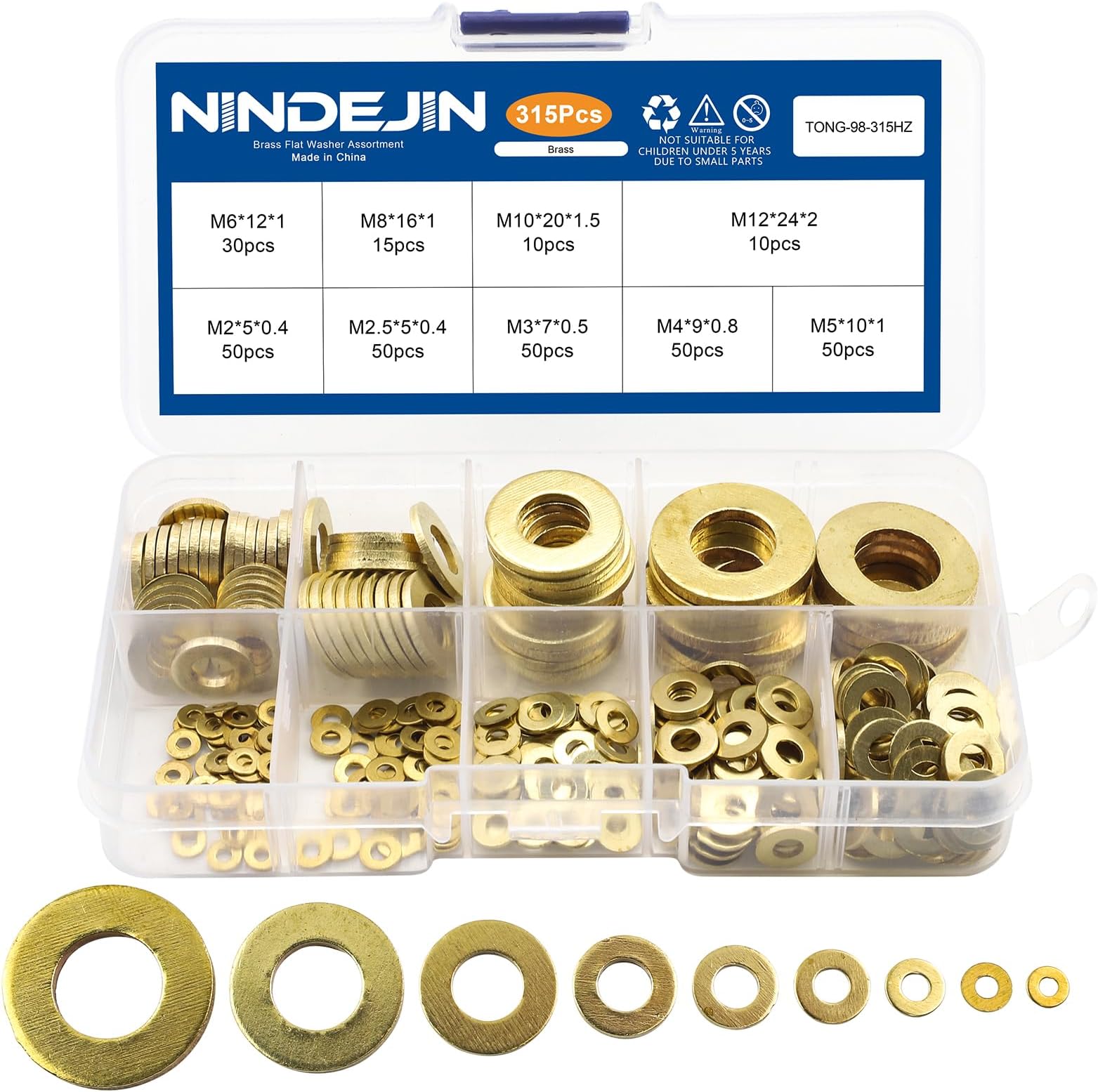 NINDEJIN 315 Pieces Brass Washer Assortment Kit, Metric Flat Washers, 9 Sizes Small Pure Brass Assorted for Screws, M2 M2.5 M3 M4 M5 M6 M8 M10 M12 Washer for Bolt, Metal Washers for Fastener