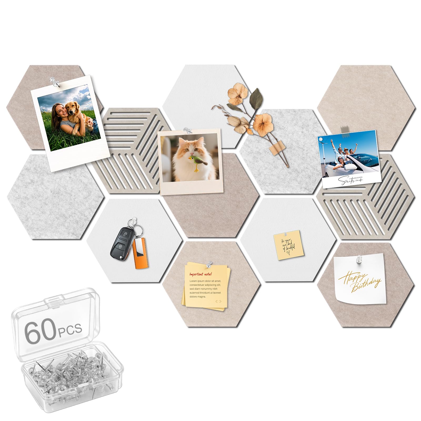 NUTKIT Felt Hexagon Bulletin Board, 12 PCS Pin Board Notice Boards with 60 Push Pins, Decorative Cork Notice Board for Home Office Kitchen, Felt Wall Tiles for DIY Photos Memos (30 * 26cm)