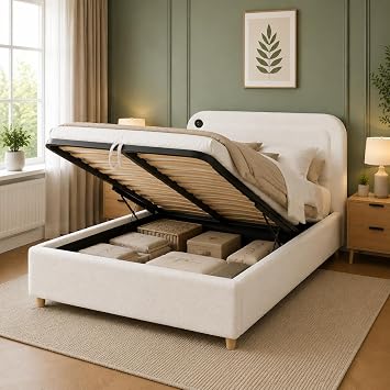Double Upholstered Bed Frame with Storage, 4FT6 Ottoman Bed with Round Silhouette and Hydraulic Storage, Arched Headboard, Boucle Fabric, White, 135x190 cm No Mattress