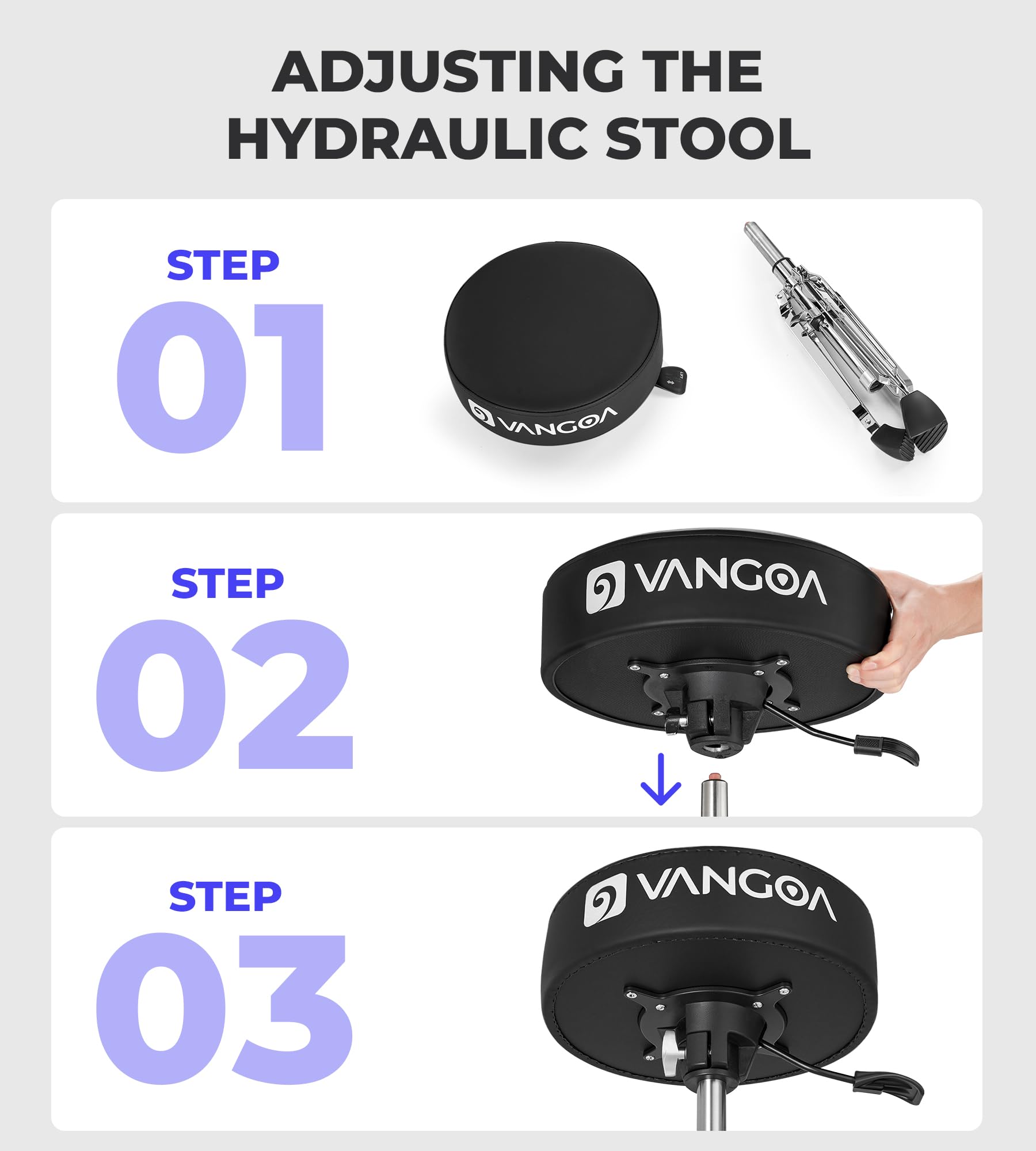 Vangoa Drum Throne Hydraulischer Sitz VDT20 Runder Trommelstuhl, verstellbar, gepolstert, verdickter Trommelsitz mit Anti-Rutsch und doppelstrebigen Füßen, hydraulischer Trommelstuhl, Schwarz