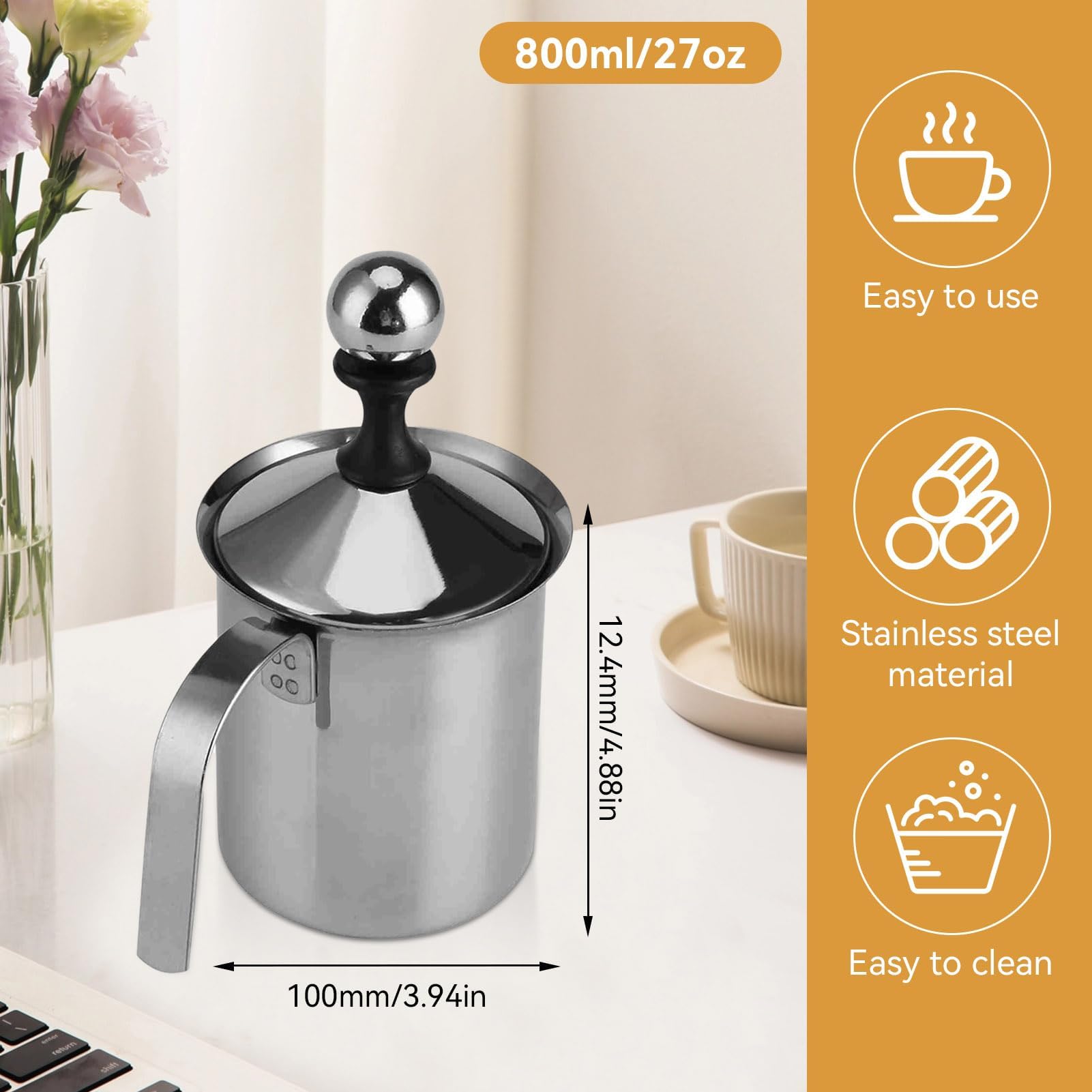 HERCHR 800ml Montalatte, schiumalatte in acciaio inox doppia rete manuale, Pompa Schiuma Latte per Cappuccino e Caffè