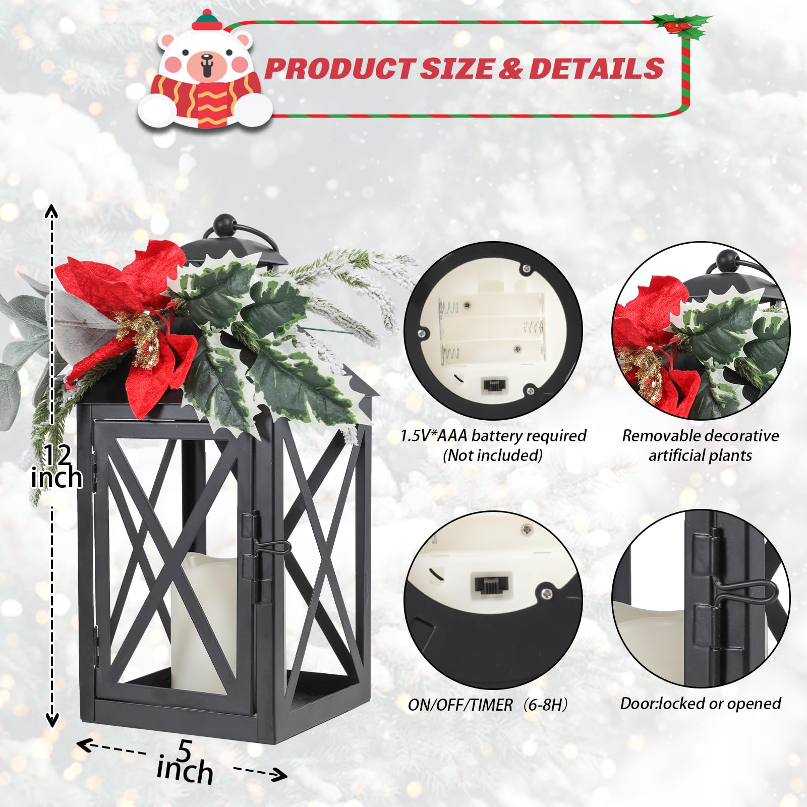 Faroles de Navidad decorativos para interiores, paquete de 2 faroles de Navidad para exteriores, faroles decorativos de vela de 12 pulgadas, luz sin llama con flores y vegetación para centros de mesa