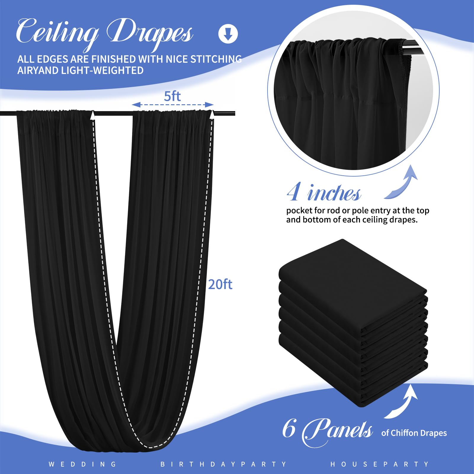 6 paneles de cortinas de techo negras para boda, cortinas de techo de 5 x 20 pies, cortinas transparentes de tela de gasa para decoración de techo de boda, ceremonia, escenario de boda