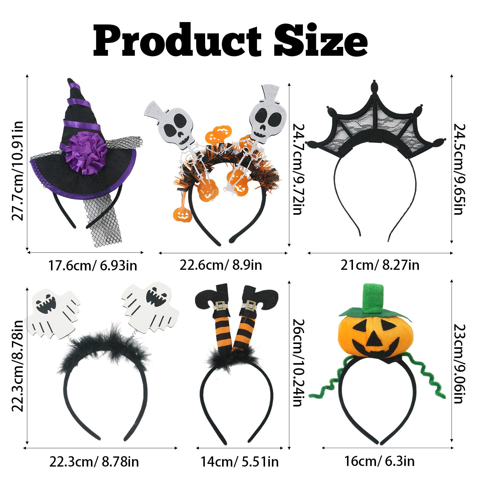 MAINOSHY 6PCS Halloween Headbands Hair Hoop Pumpkin Witch Hat Skeleton Ghost Halloween Element Headbands Fancy Dress Hair Bands for Adult Halloween Fancy Dress - Image 2