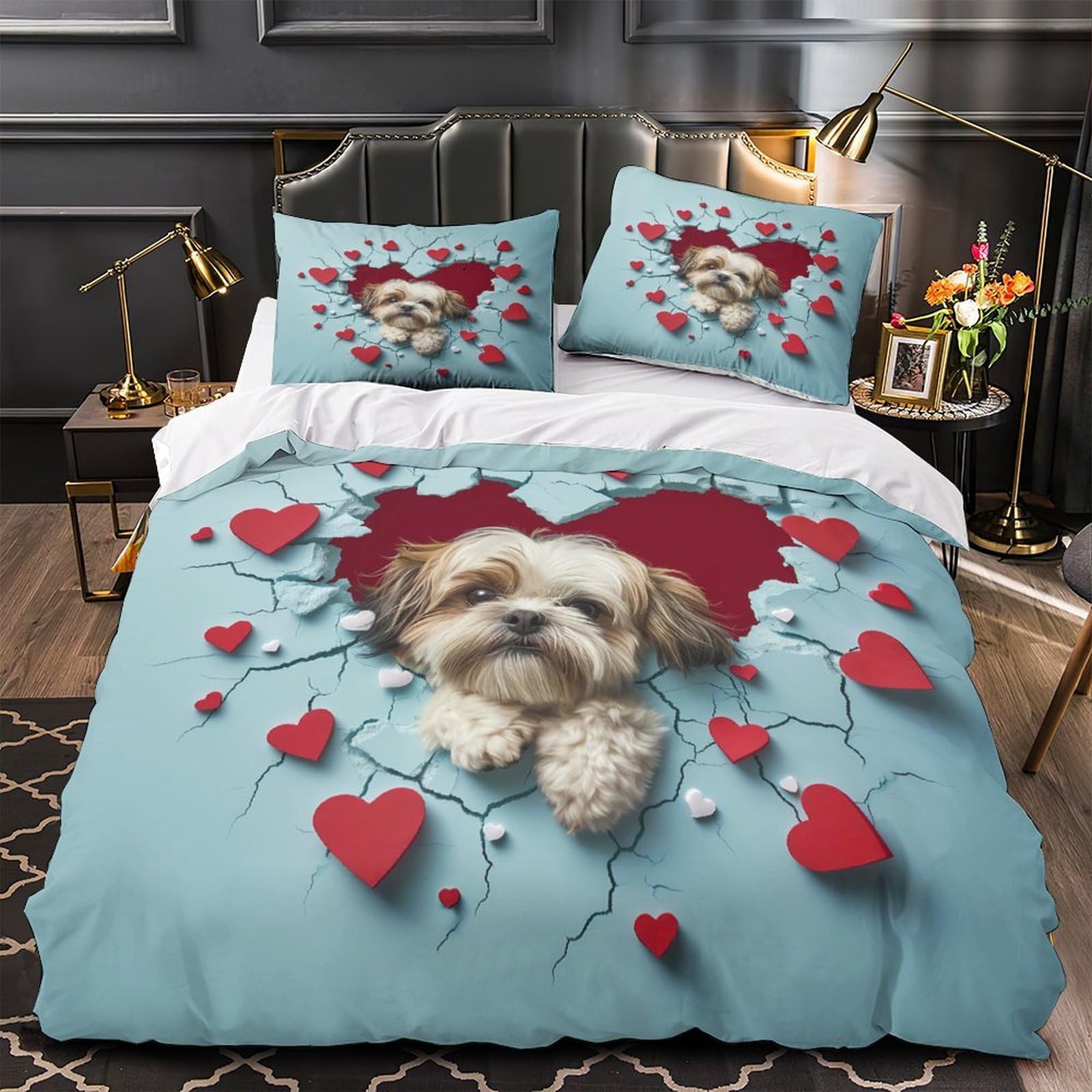 Parure de lit chien mignon 140x200 pour ado avec housse de couette en microfibre