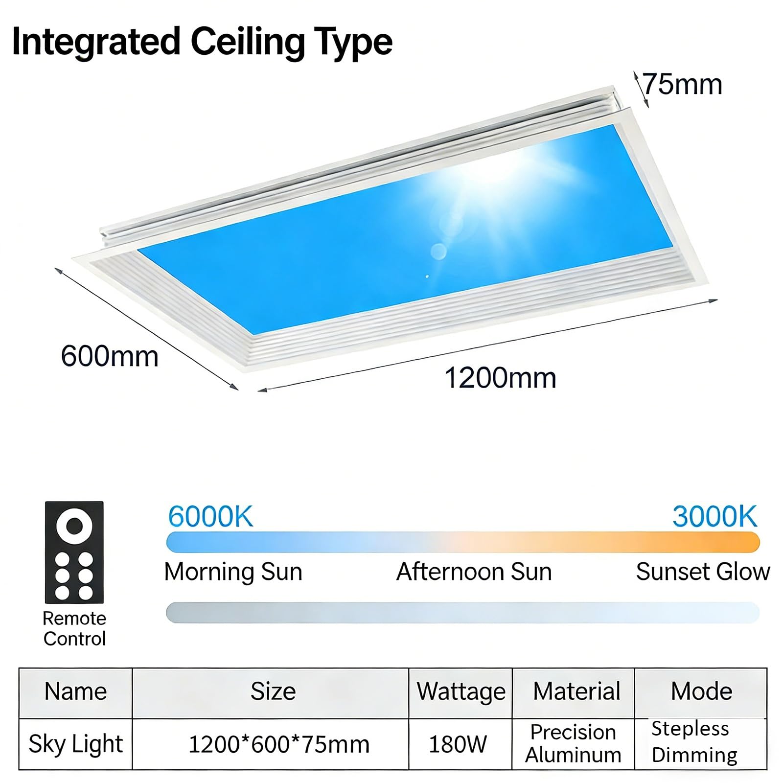 Luz natural de día con cielo azul, lámpara de techo con tragaluz artificial y control remoto, instalación empotrada, temperatura de color ajustable, para habitaciones(600x1200mm)