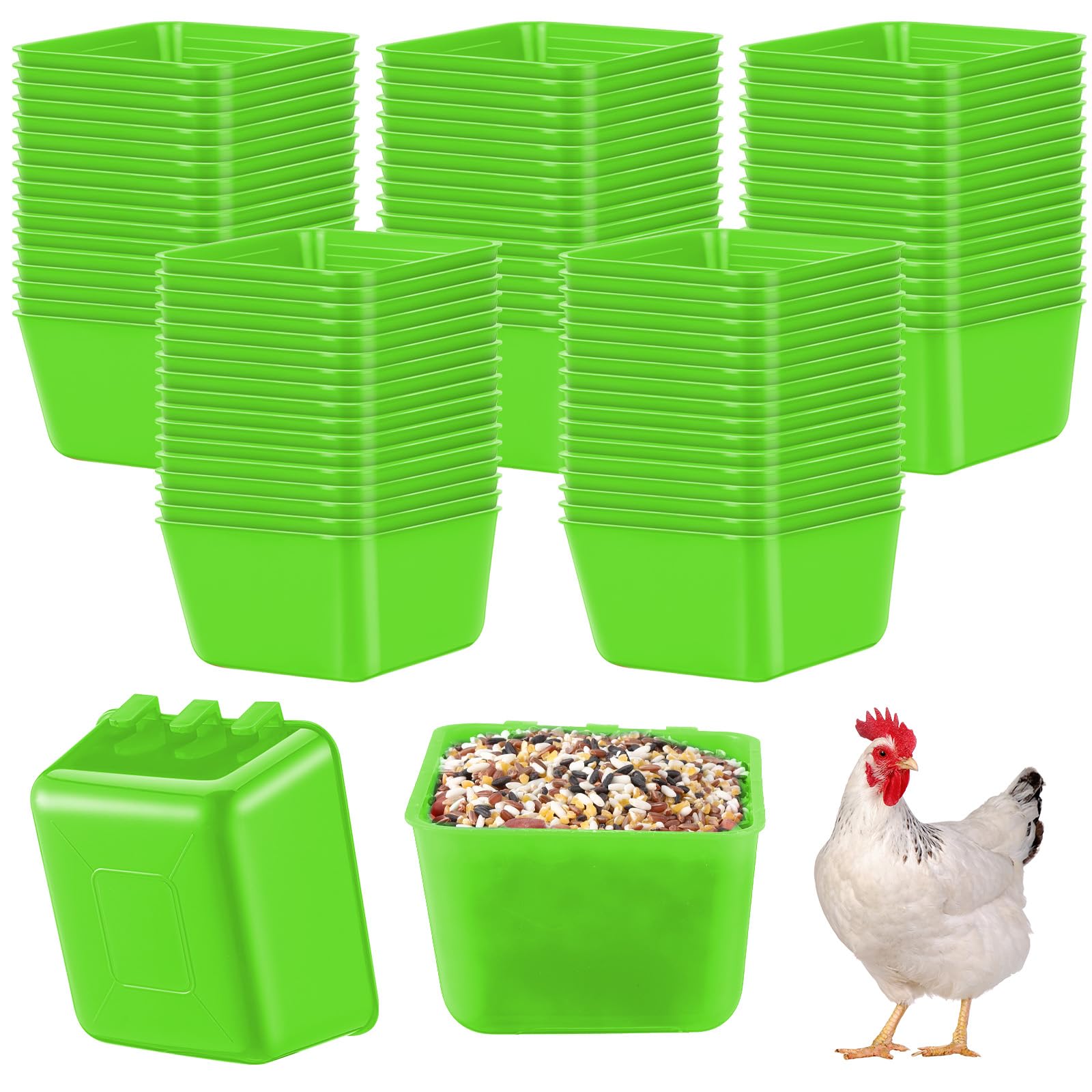 Maxdot 50 Pcs Cage Cups Chicken Feeder Cups 16 oz Hanging Bird Food Water Bowl Bunny Cage Feeding Dish for Pet Parrot Rooster Parakeet Gamefowl Poultry Pigeon(Green)