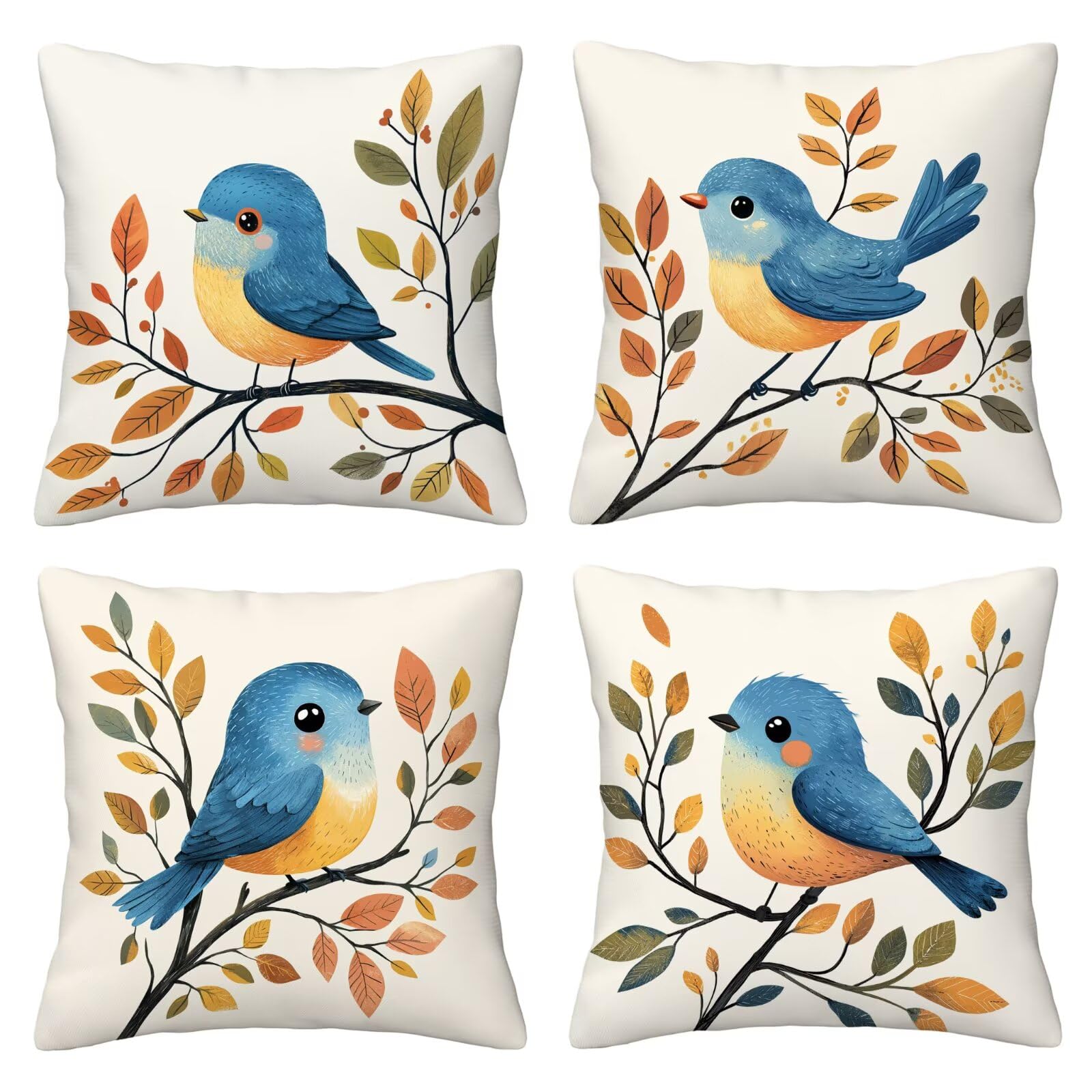 Juego de 4 Funda de Cojín Exterior Impermeable, 55x55 cm Fundas Cojínes Pájaro de Lino, Exterior Impermeable Lino Cojín Animal Decorativo, Fundas de Almohada para Patio Balcón Jardín Sofá Oficina P-85