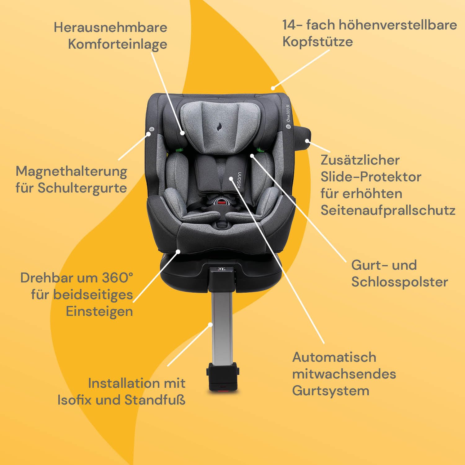 Osann One360 SL Reboarder drehbarer Kindersitz Standfuß 40-150 cm – Grey | Kindersitz 0-12 Jahre, 360 Grad drehbar, mitwachsender Baby Autositz, Kinderautositz mit viel Komfort & besonders sicher