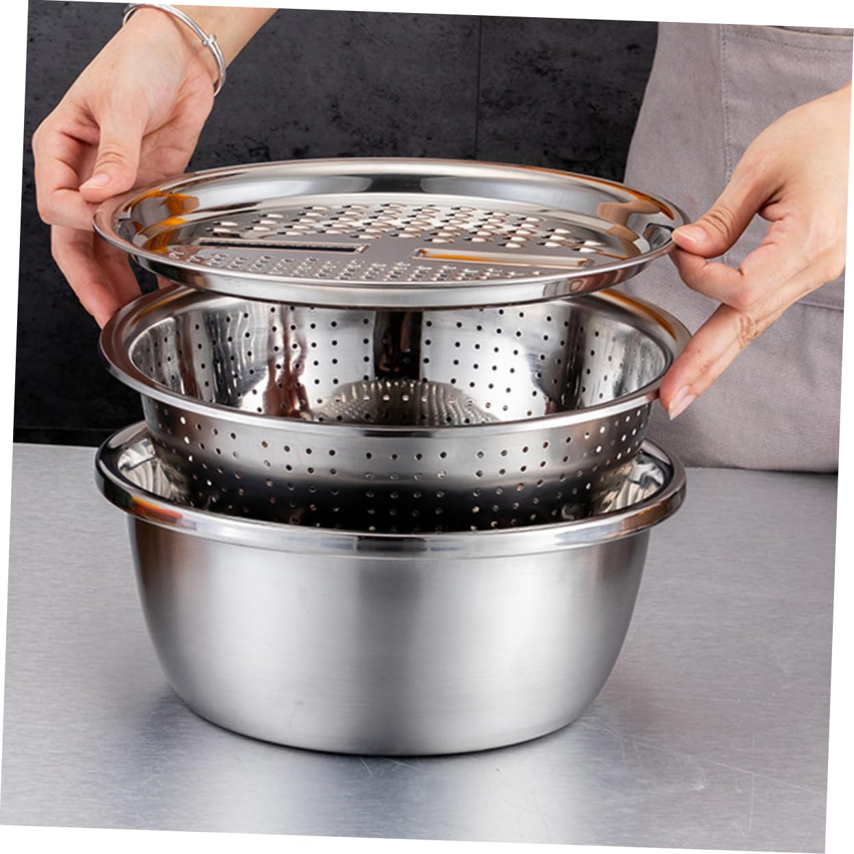 Homoyoyo 3-in-1 Gemüseschneider und Küchensieb aus Edelstahl mit Verdicktem Großem Rand Multifunktionalem Design für Kochen und Hausküchen