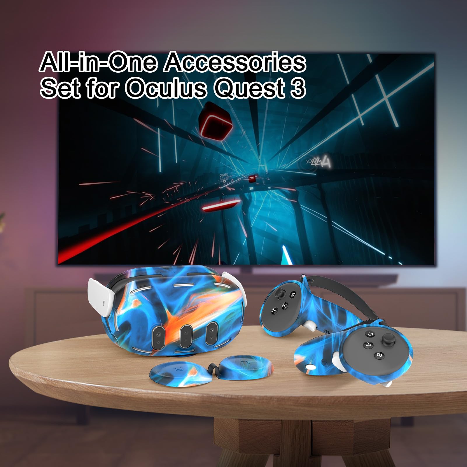 Étui en silicone VR pour Meta/Oculus Quest 3, ensemble d'accessoires avec housse en cuir pour manette, coque, couvre-visage et couvercle d'objectif (bleu)
