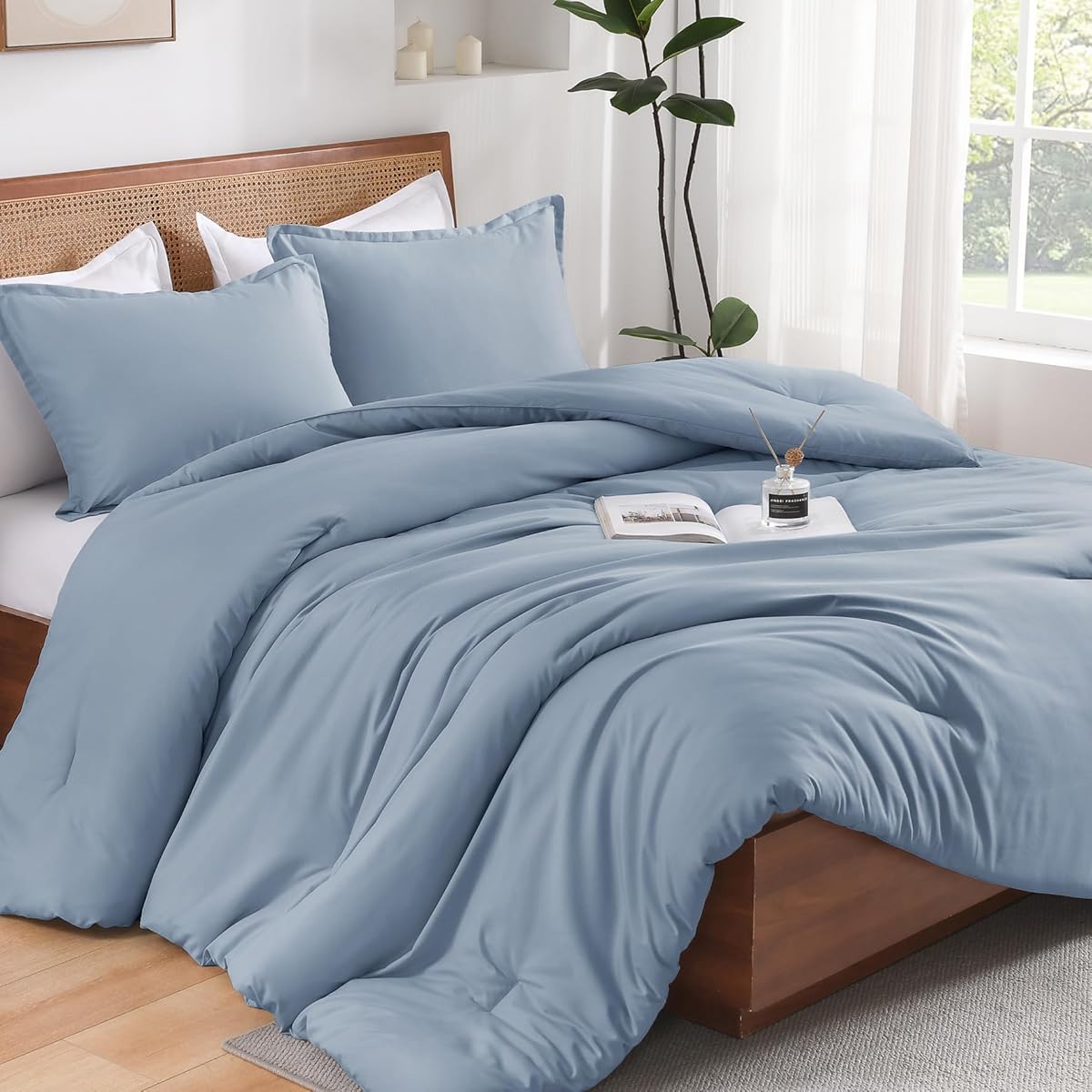 Andency Queen Size Comforter Set Grayish Blue, Solid Bed Comforter Set 3 Pieces, Soft Cozy Lightweight All Season Bed Set
