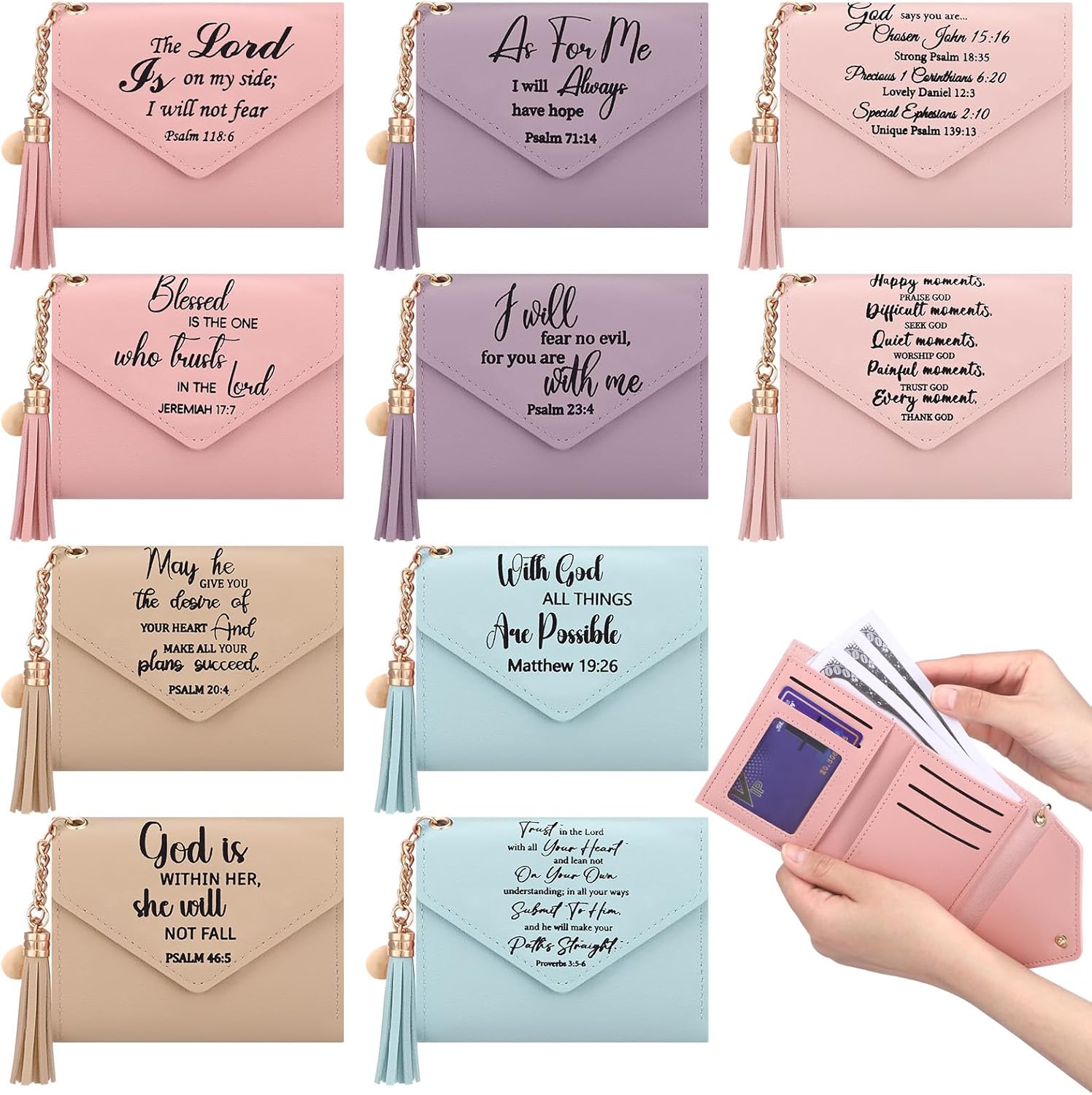 10 Pcs Christian Small Coin Purse for Women Bulk Church Mothers Day Gifts Scripture Coin Pouches Religious Change Purse with Tassel for Travel Women Employee