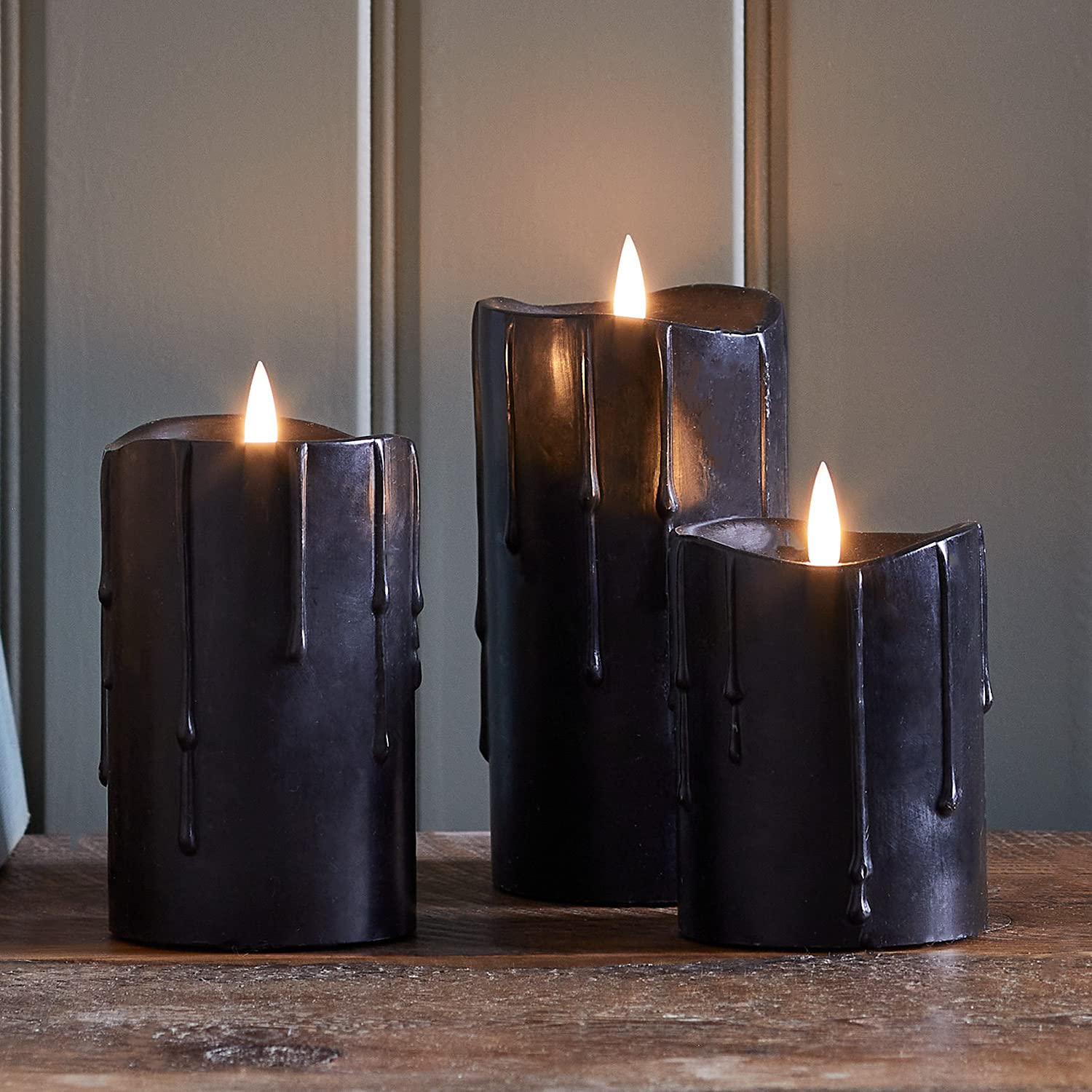 Lights4fun Set di 3 Candele in Cera Nera Effetto Colante TruGlow® con LED Bianchi Caldi a Pile per Arredo Interni
