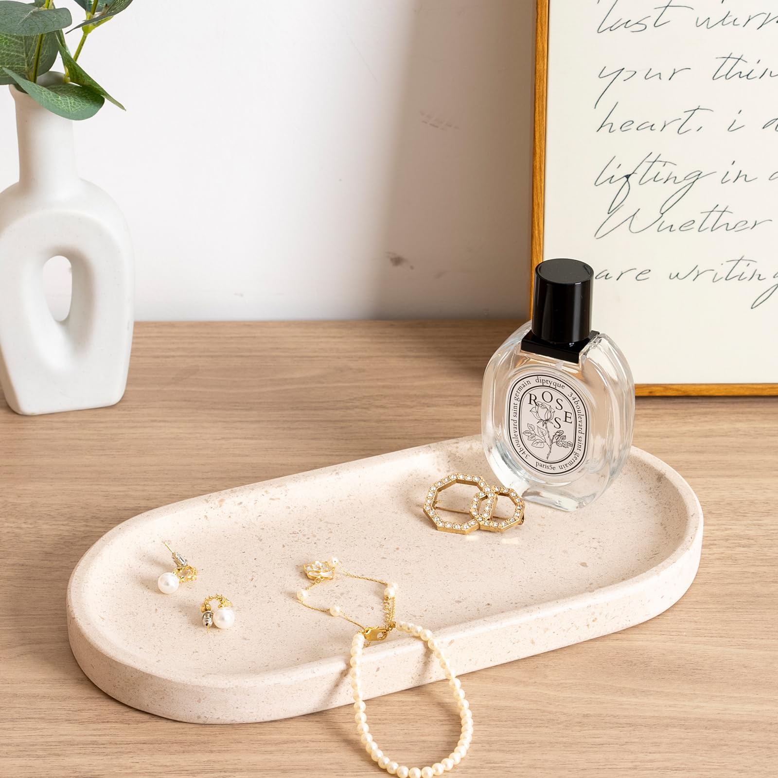 Koville Marble Tray – Oval Bathroom & Jewelry Organizer, Moca Cream, Natural Stone - View #9