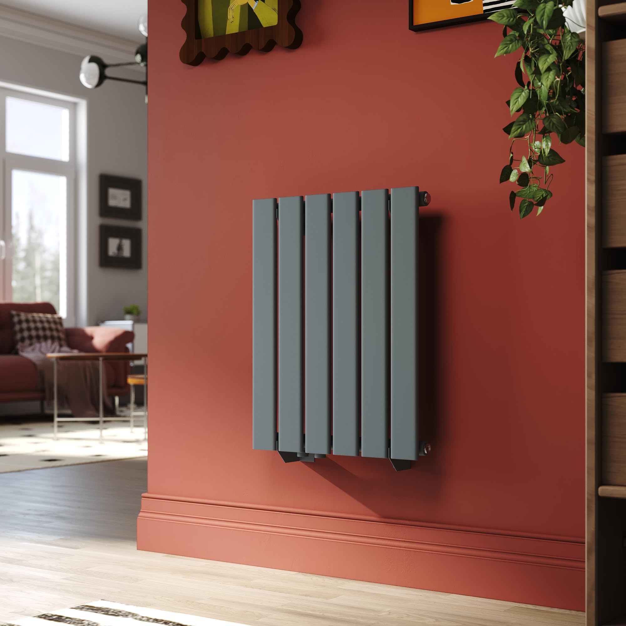 SONNI Riscaldatore di design 600 x 465 mm, Antracite, piatto a strato singolo per bagno - pannello verticale con connettore