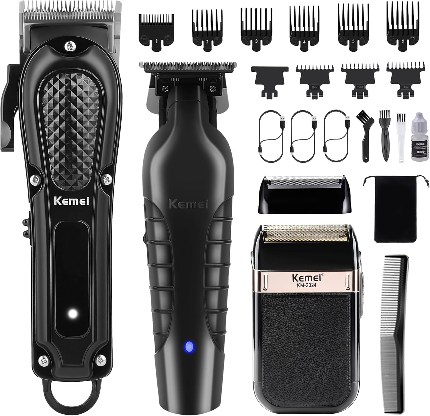 KEMEI Kit Barbería Profesional 3 en 1, Maquina de Cortar Pelo Hombre, Recortadora de Barba Inalámbrico, Afeitadora Eléctrica de Láminas, Carga USB, Cuchillas de Acero, 1071+PG2299+2024