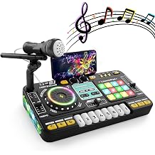 DJ Mixer Table, 12 Tracks DJ Decks with Microphone, Bluetooth, Piano Keys, Lights and Effects, Beginner DJ Controller, Interactive Music Keyboard for Beginners Black