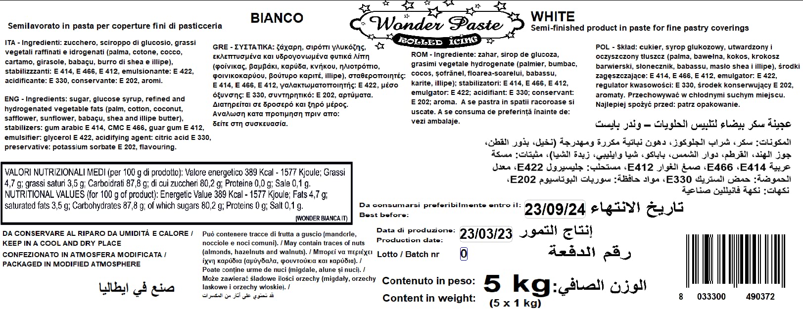 WONDER PASTE Pasta di zucchero da copertura BIANCA scatola 5kg - LAPED