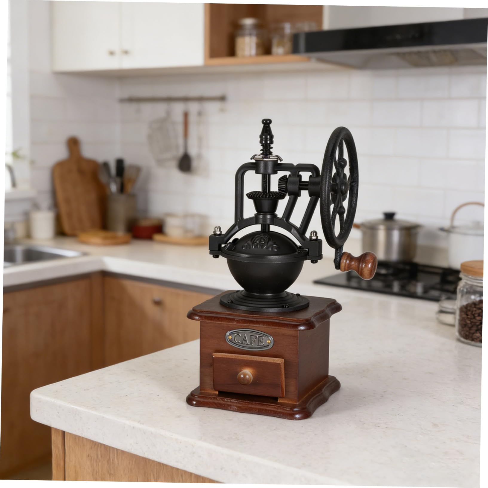 Molinillo de Café Manual Manivela, Base de Madera y Muelas de Cerámica para Molienda Ultra Fina, Adecuado para Cocina y Camping