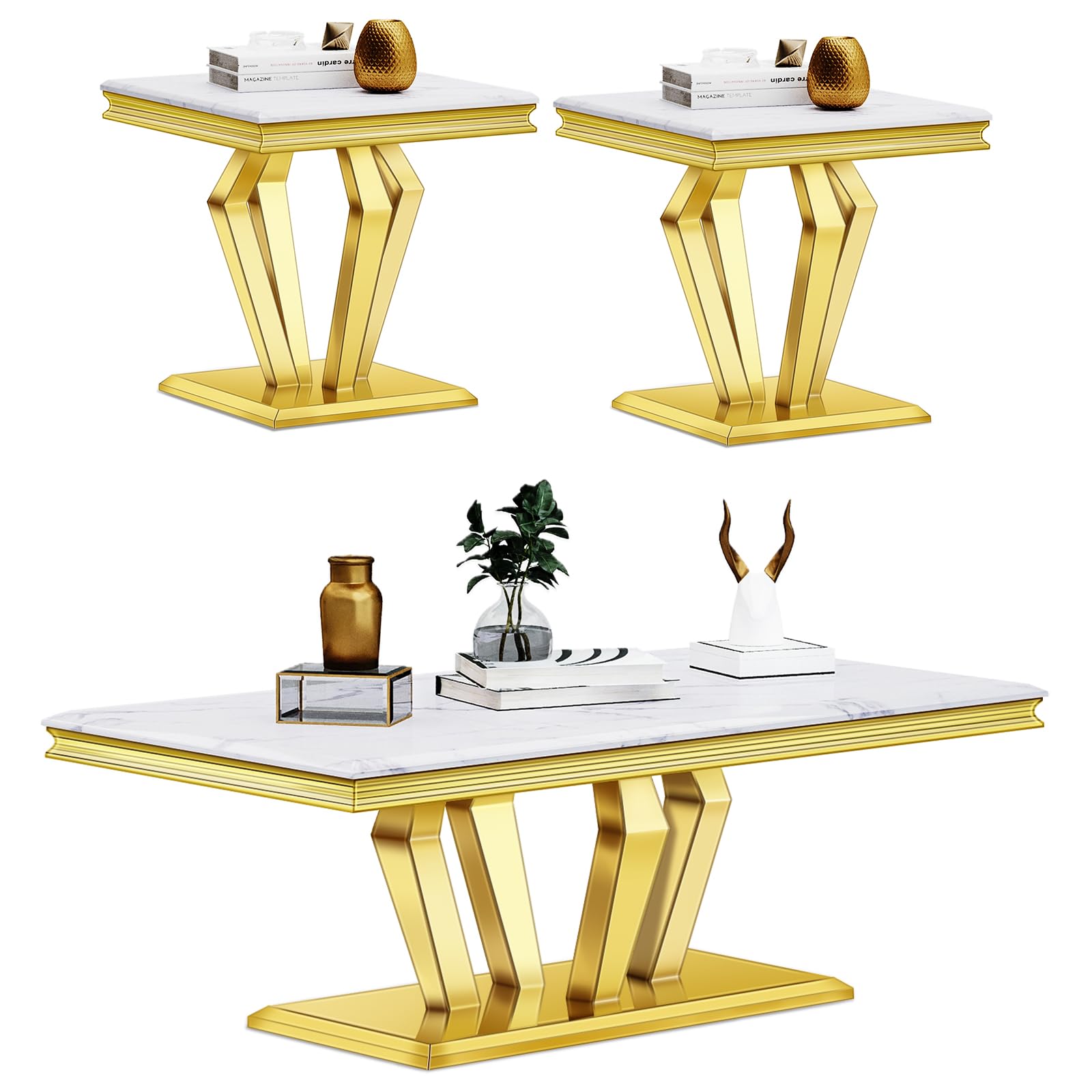 jajaplus Living Room Table Set, 3-Piece Table Set Includes Coffee Table & 2 End Tables, White and Gold Table Set for Home Apartment Office