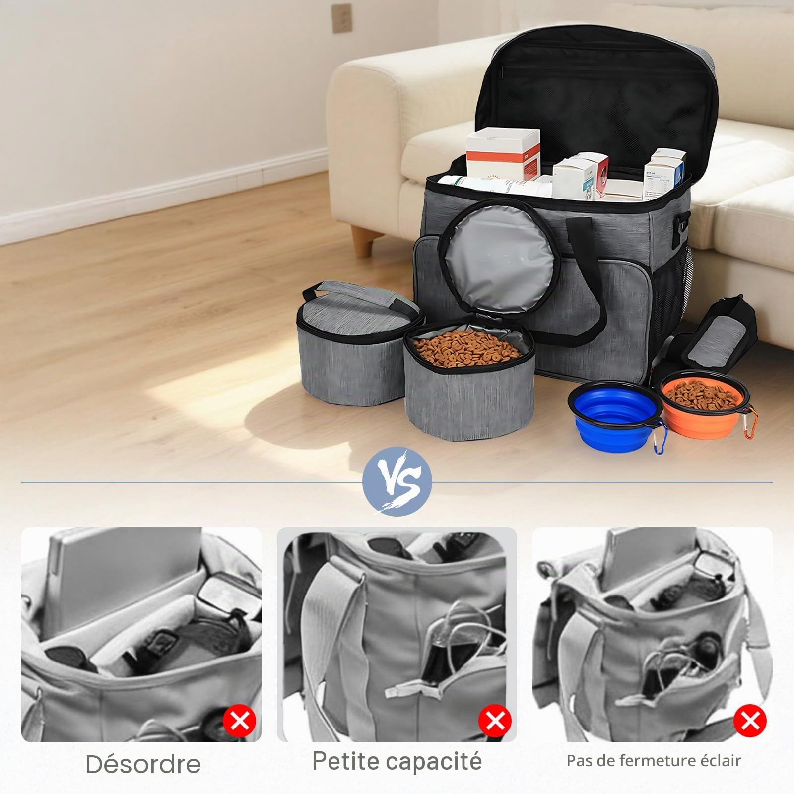 Sac de voyage pour chien avec 2 récipients et 2 bols pliables, imperméable | Bagage canin grande capacité, rangement repas et accessoires, adapté aux voyages, au camping, à la randonnée et à l’avion