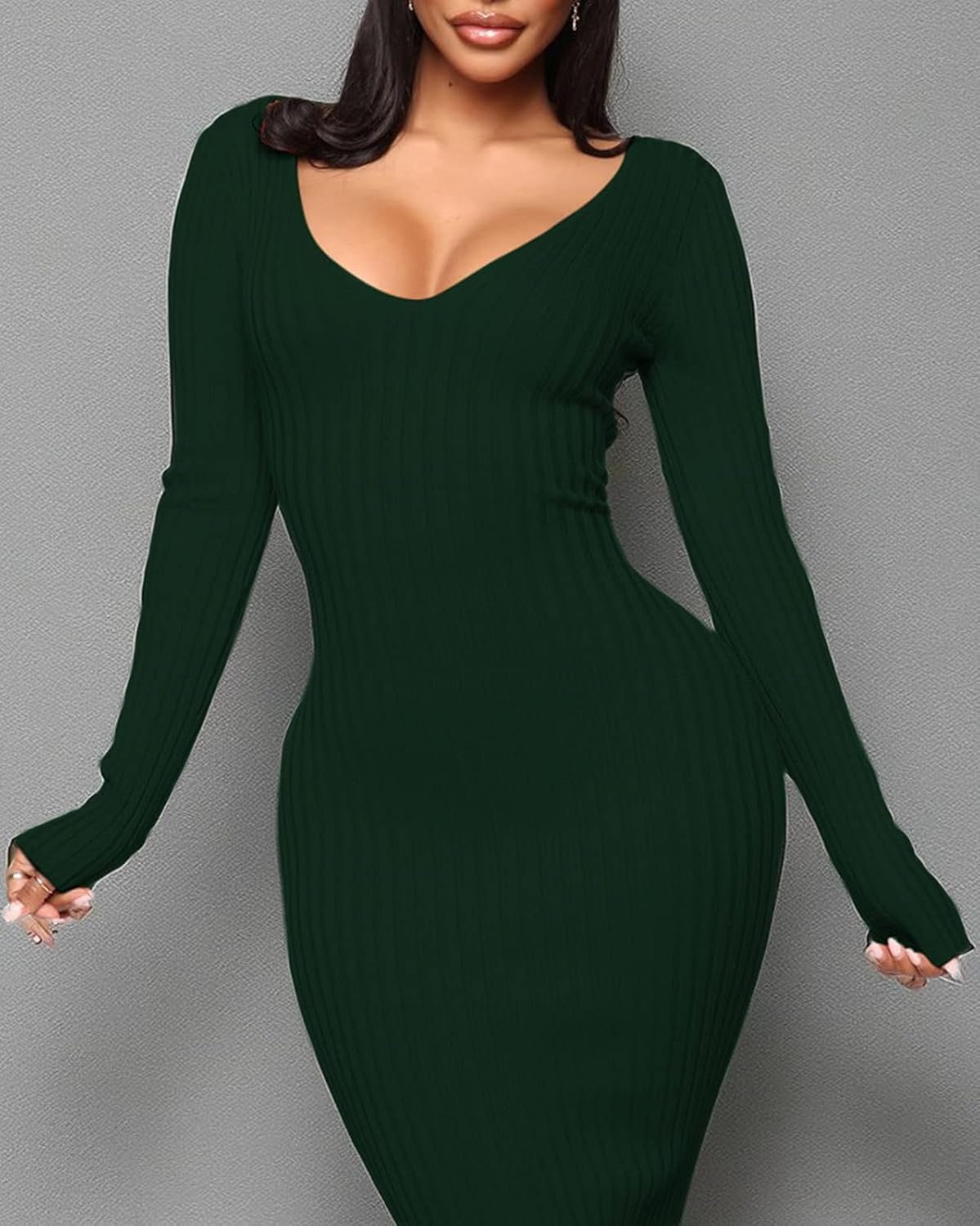 BestGirl Women's Sexy Ribbed Sweater Dresses Bodycon V Neck Off Shoulder Long Sleeve Lightweight Knit Midi Dress - Image 5