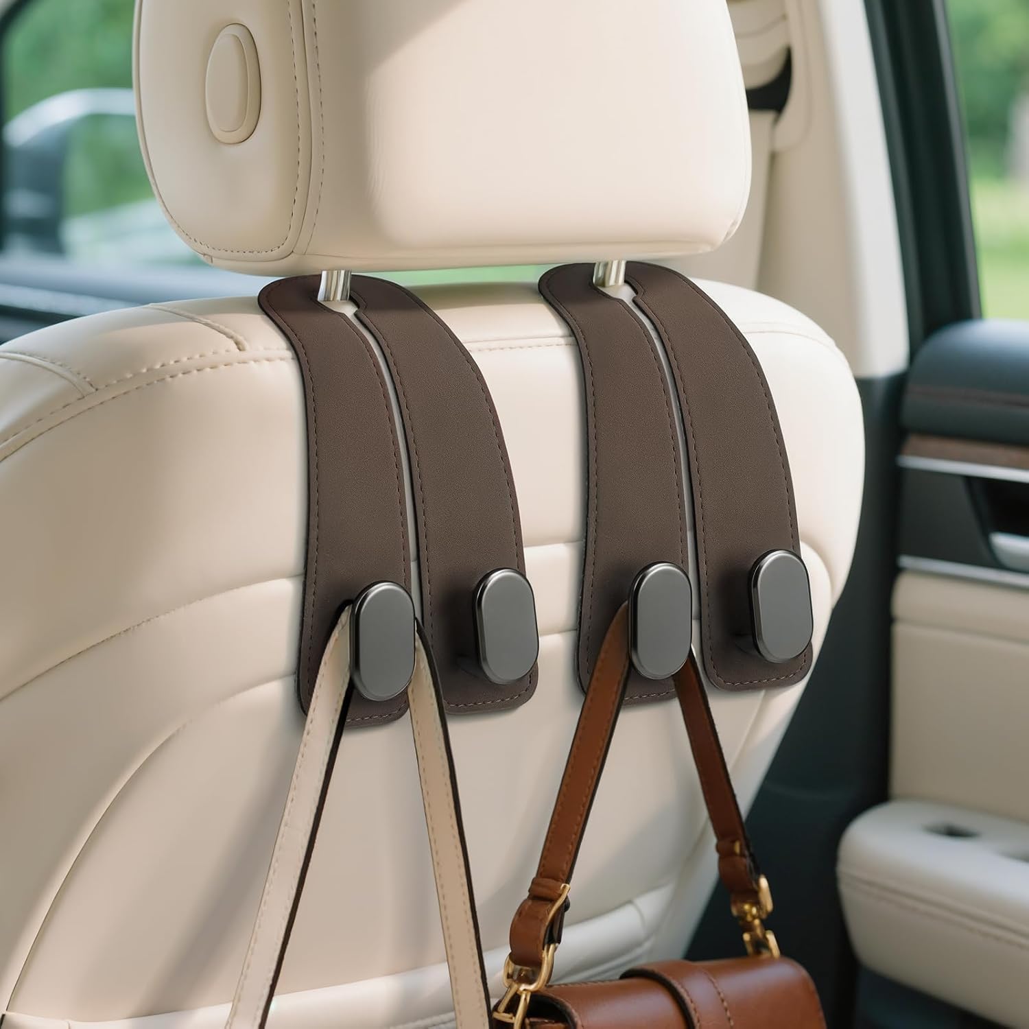 2 Pack Car Seats Hooks for Headrest, 2-in-1 Premium Leather Car Headrest Hanger with Metal Hooks, Car Seat Back Storage Hooks for Purses, Handbags, Phone (Brown)-picture-35