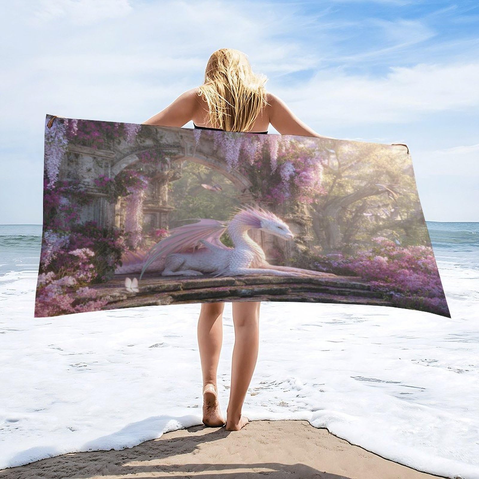 Luyysky Retro Abstract Elegant Dragon Quick-Drying Beach Towel, Rustic Vintage Spring Garden Mythical Animal Dragon Wisteria Floral Travel Vacation Single Sided Pile Bathroom Towels-80"W Cm X 160"L Cm