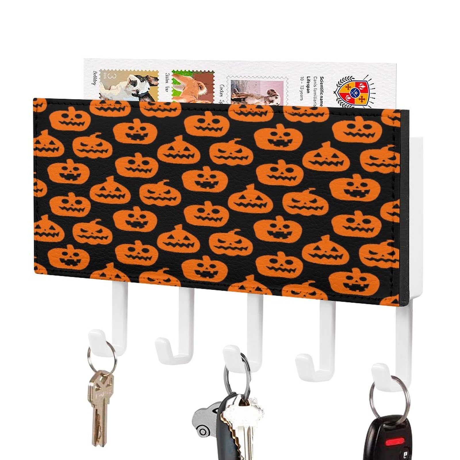 Fekiloot White-Style Horror Pumpkin Pattern Key Holder Wall Mount Key Hanger With 5 Hooks Decorative Key Rack Hanging Key Hooks With Mail Organizer Key Holder For Wall Living Room Kitchen Bathroom Hallway White