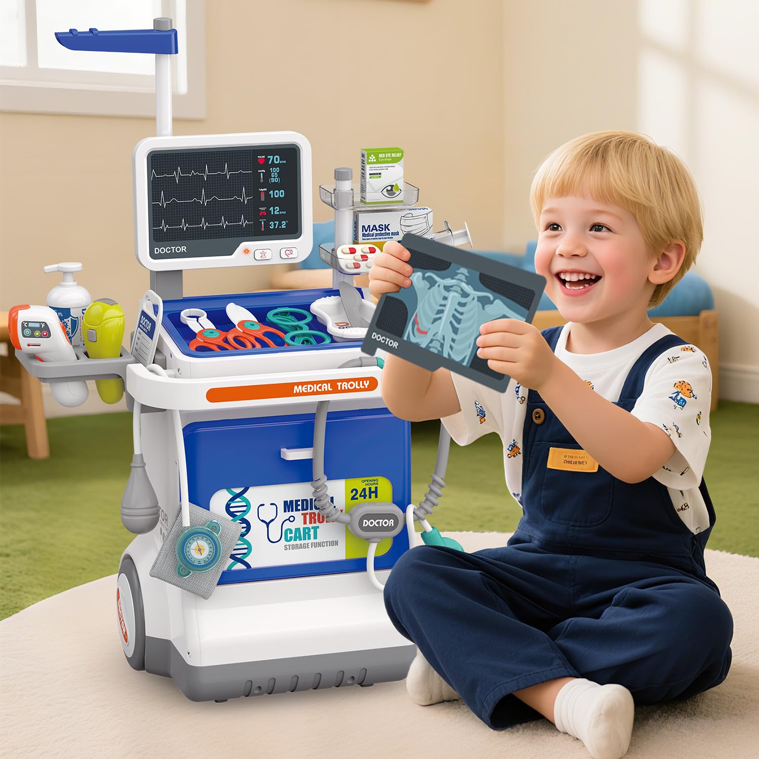 Mallette Docteur Enfant 32 Pièces Kit Médical Jouet avec Stéthoscope, Thermomètre, Seringue, Chariot