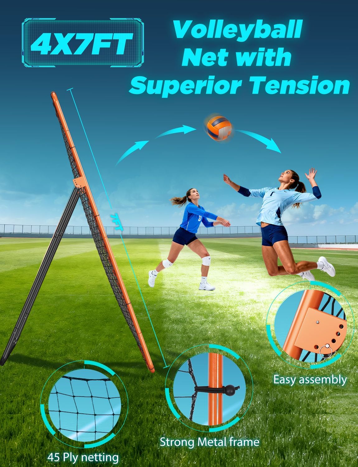 Volleyball Rebounder Net 7x4 ft, Training Equipment with Angle Customization for Practicing Volleying, Bumping, Spiking Training, Portable Travel Bag - Image 3