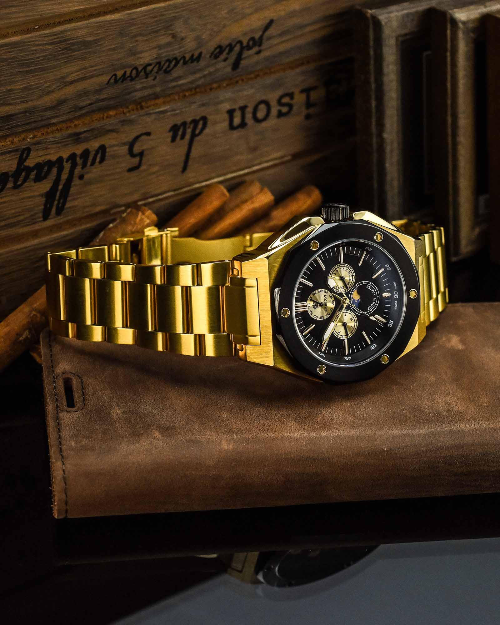 LOUIS XVI Herren-Armbanduhr Le Souverain Stahlband Gold Schwarz Mondphase Analog Quarz Edelstahl 626