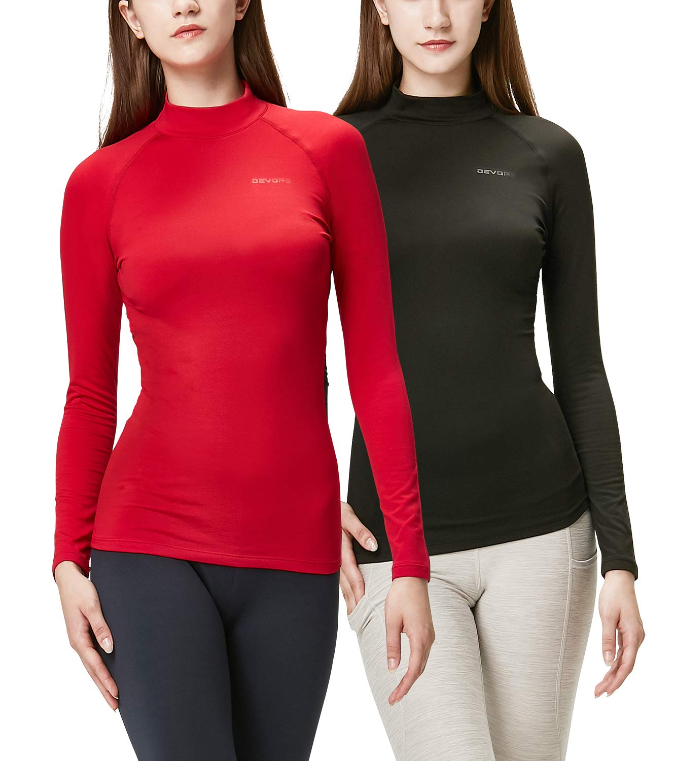 DEVOPSWomen's 2 Pack Thermal Turtle Long Sleeve Shirts Compression Baselayer Tops