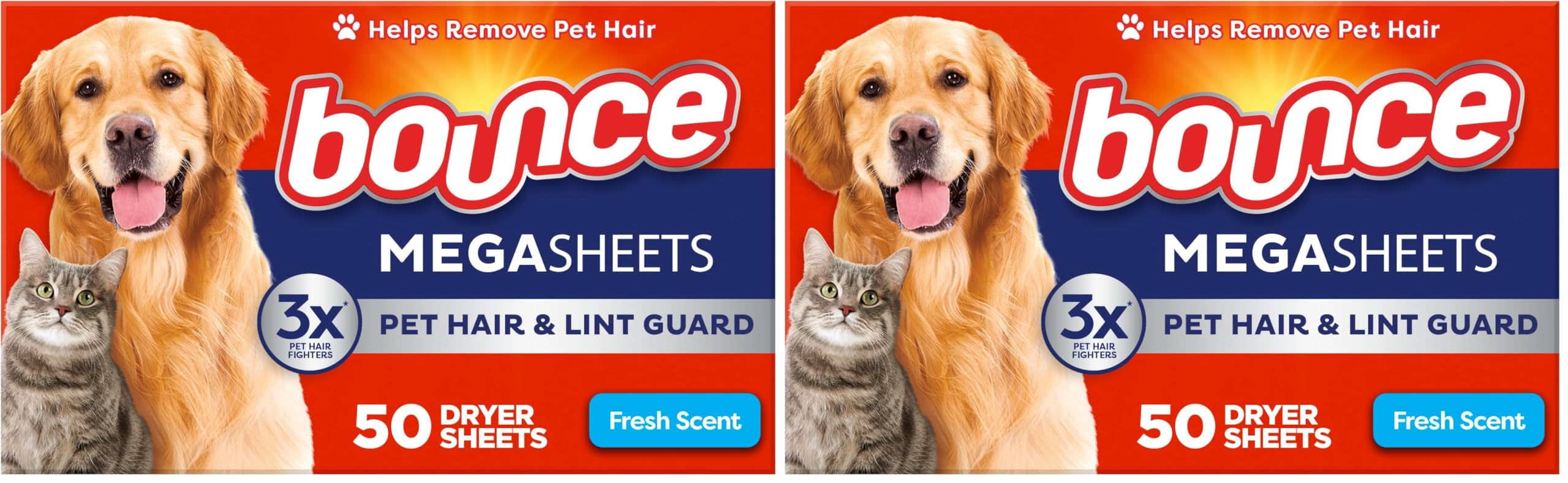Bounce Pet Hair and Lint Guard Mega Dryer Sheets with 3X Pet Hair Fighters, Fresh Scent, 50 Count (Pack of 2)