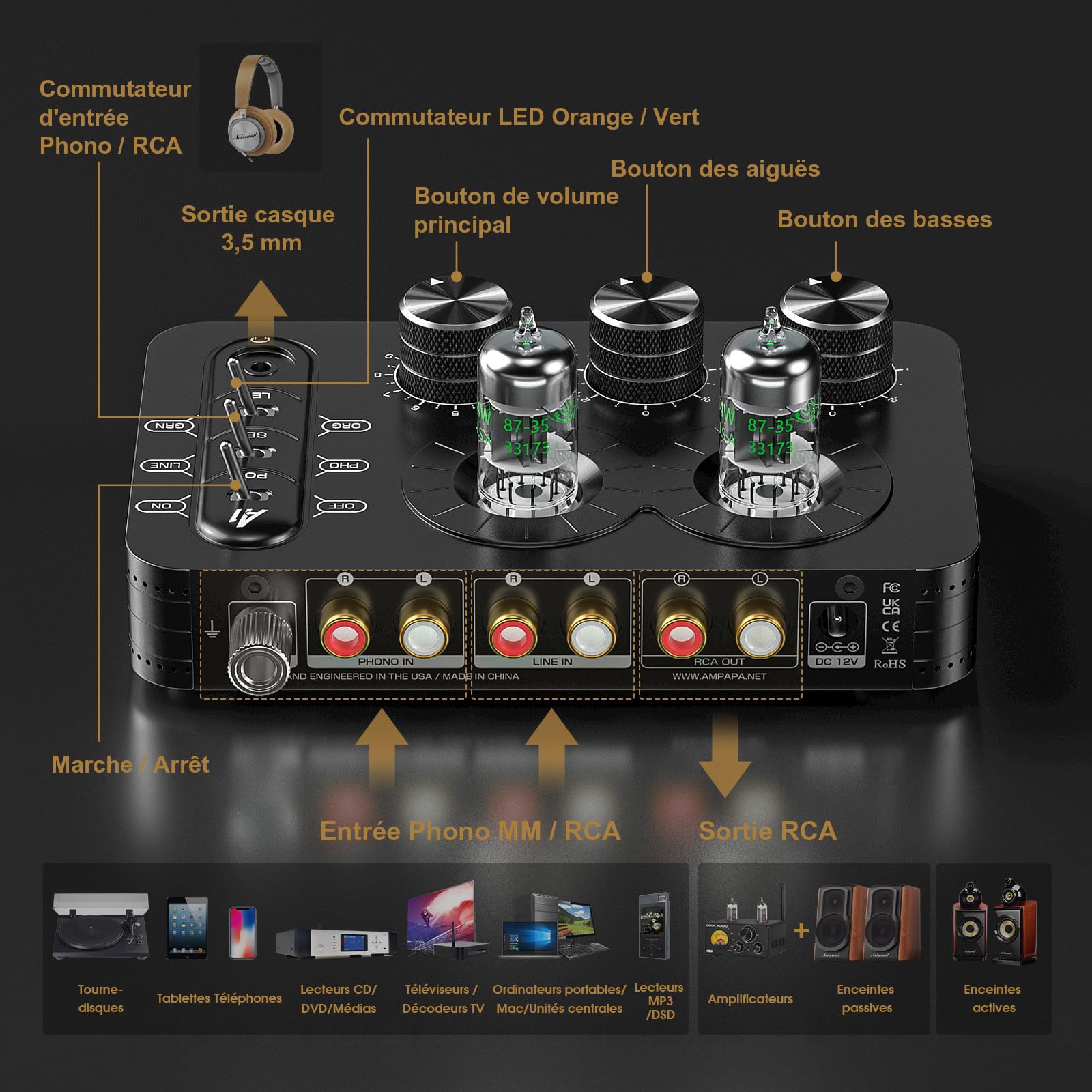A1 Préampli Phono à Tube: Vide Ampli Casque, Préamplificateur Audiophile Hi-FI pour Tourne-Disque MM avec Contrôle de Tonalité pour Système Audio Stéréo Domestique