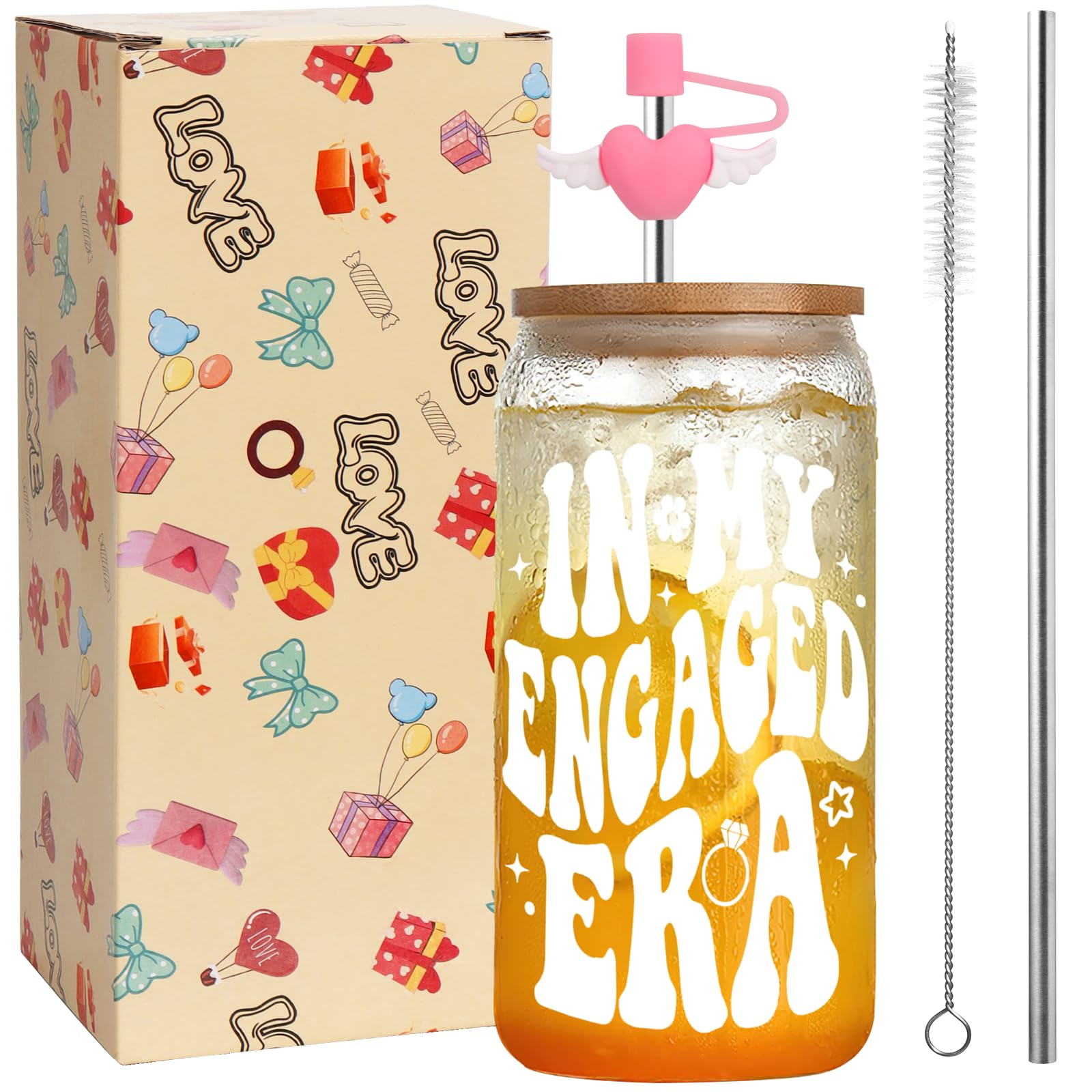 Ninivi Engagement Gifts 16 Oz in My Engaged Era Glass Cup with Lids and Straws Cover Engagement Gifts for Couples Engagements Present Bride to Be Gift Personalised Engaged Gift