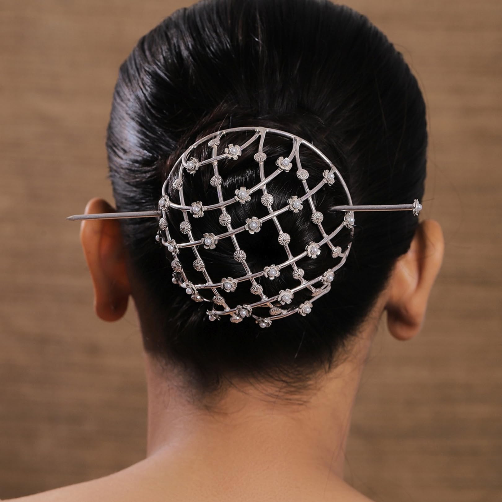 VIANA JEWELS Hair Bun Cage Accessory for Women | Handcrafted Brass Juda Cover with Stick | Anti-Tarnish Traditional Hair Accessory for Wedding & Festive (Pear Flower Hair Bun (Silver)) 1