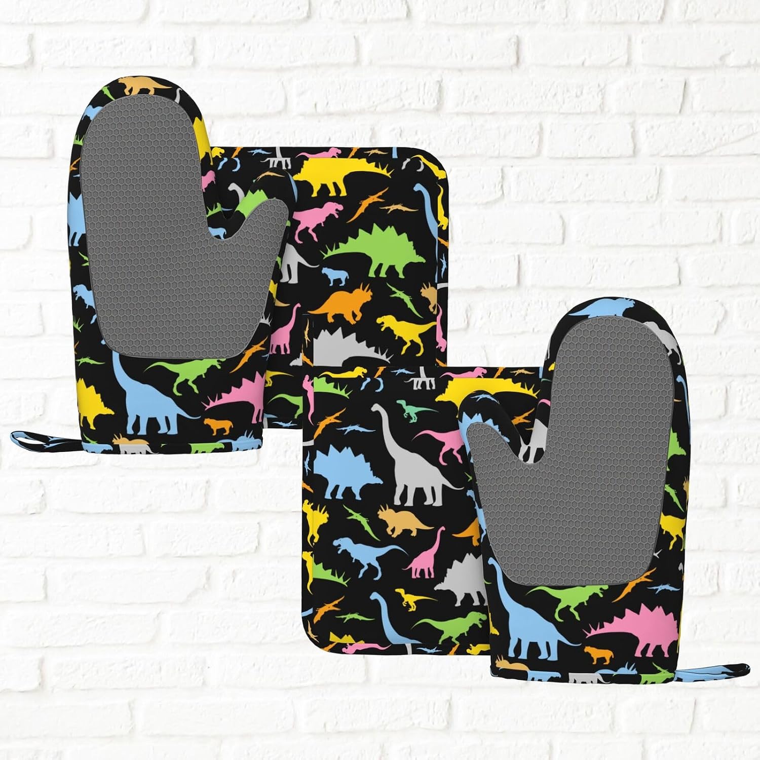 Cartoon Dino Dinosaur Oven Mitts and Pot Holders Sets of 4, Heat Resistant Silicone Oven Mittens and Potholders Gloves Hot Pads for Kitchen Cooking Baking Grilling BBQ Chef