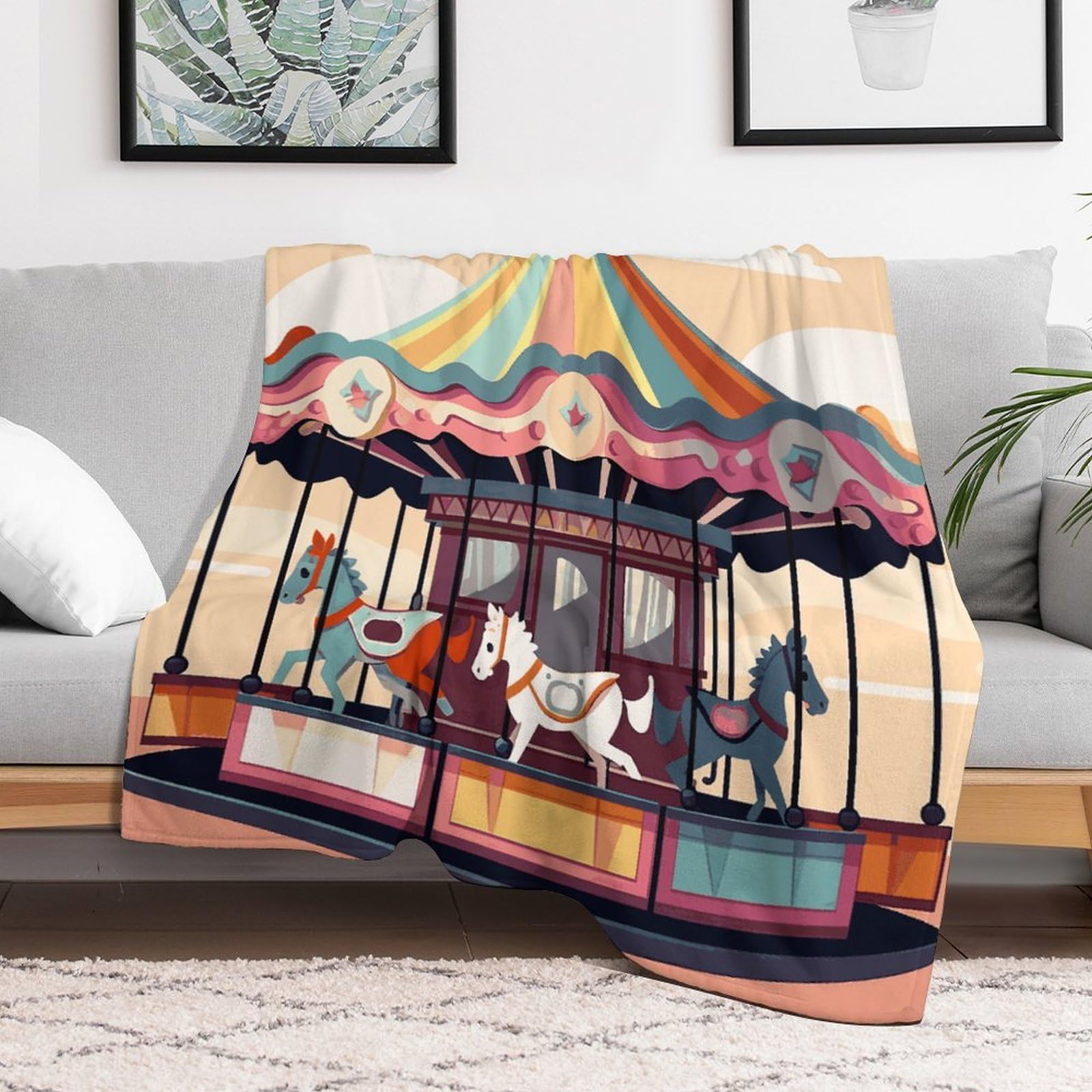 Custom Carousel Blanket Lightweight Flannel Fleece Throw for Couch Sofa Bed Luxury Soft Cozy Plush Lap Bedtime Blanket for All Seasons Bedroom Home Decor Gifts 50x60