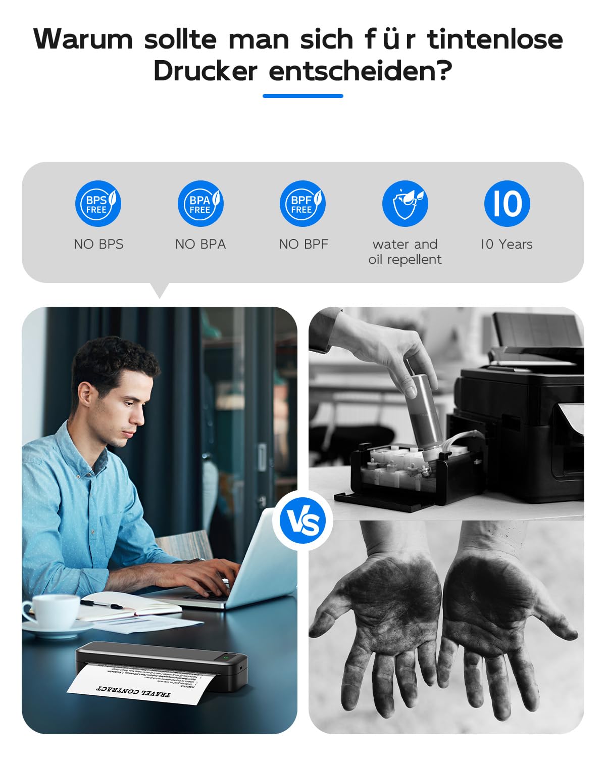 TATTMUSE Thermodrucker A4, Bluetooth Mobiler Drucker, Rechnungen, Belegdrucker, Lernen, Tragbarer Drucker Kompatibel mit Phone, Monochromer Reisedrucker Nur Thermopapie, Schwarz
