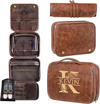 ORYG Customizable 3-in-1 Hanging Toiletry Bag - PU Leather Initial Engraving Storage Pouch - Ideal Gift for Dad, Husband, or Boyfriend Reddish brown