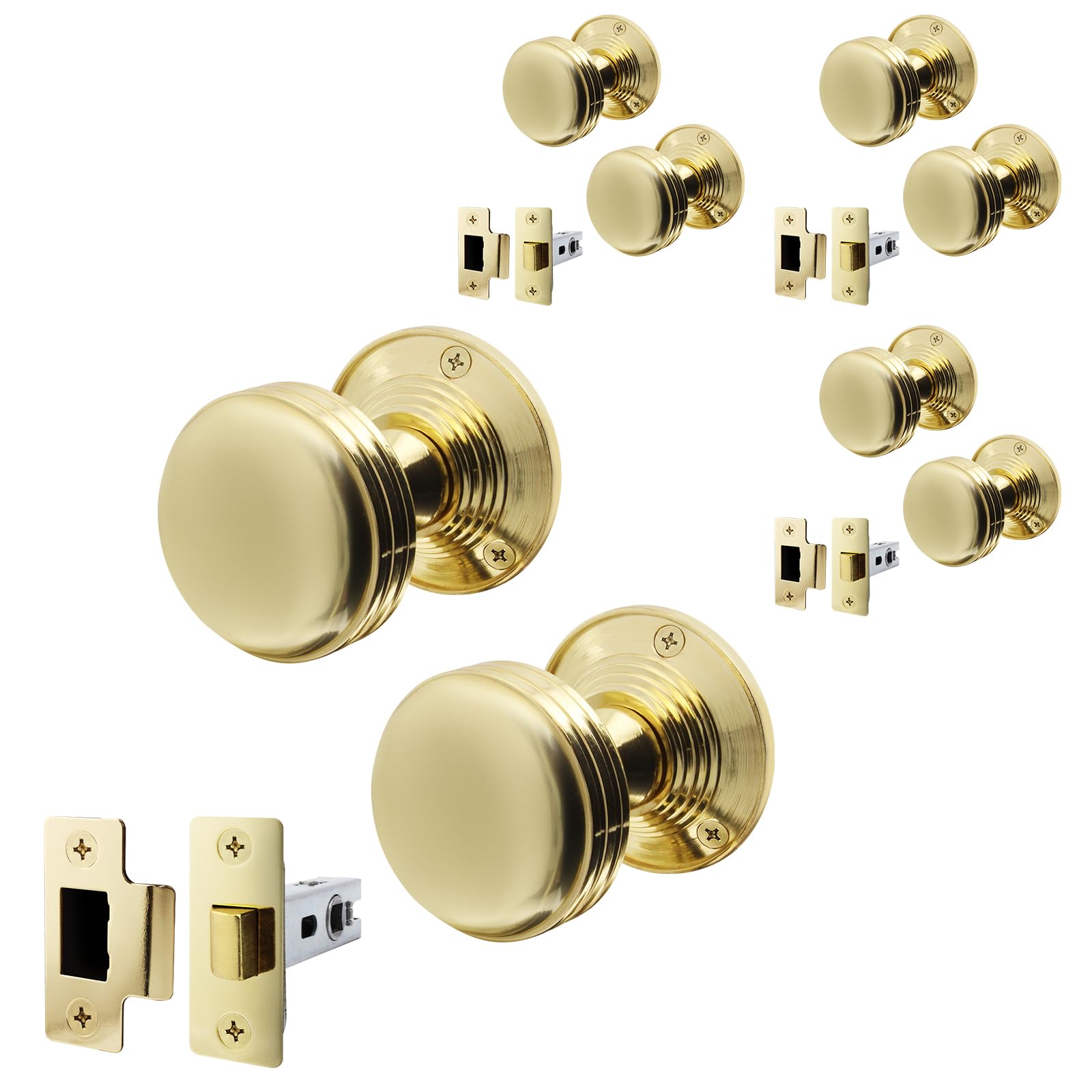 EAI Lined Door Knob Set Polished Brass | 4 Pairs of Mortice Knobs (55mm) & Latches (76mm) for Internal Doors